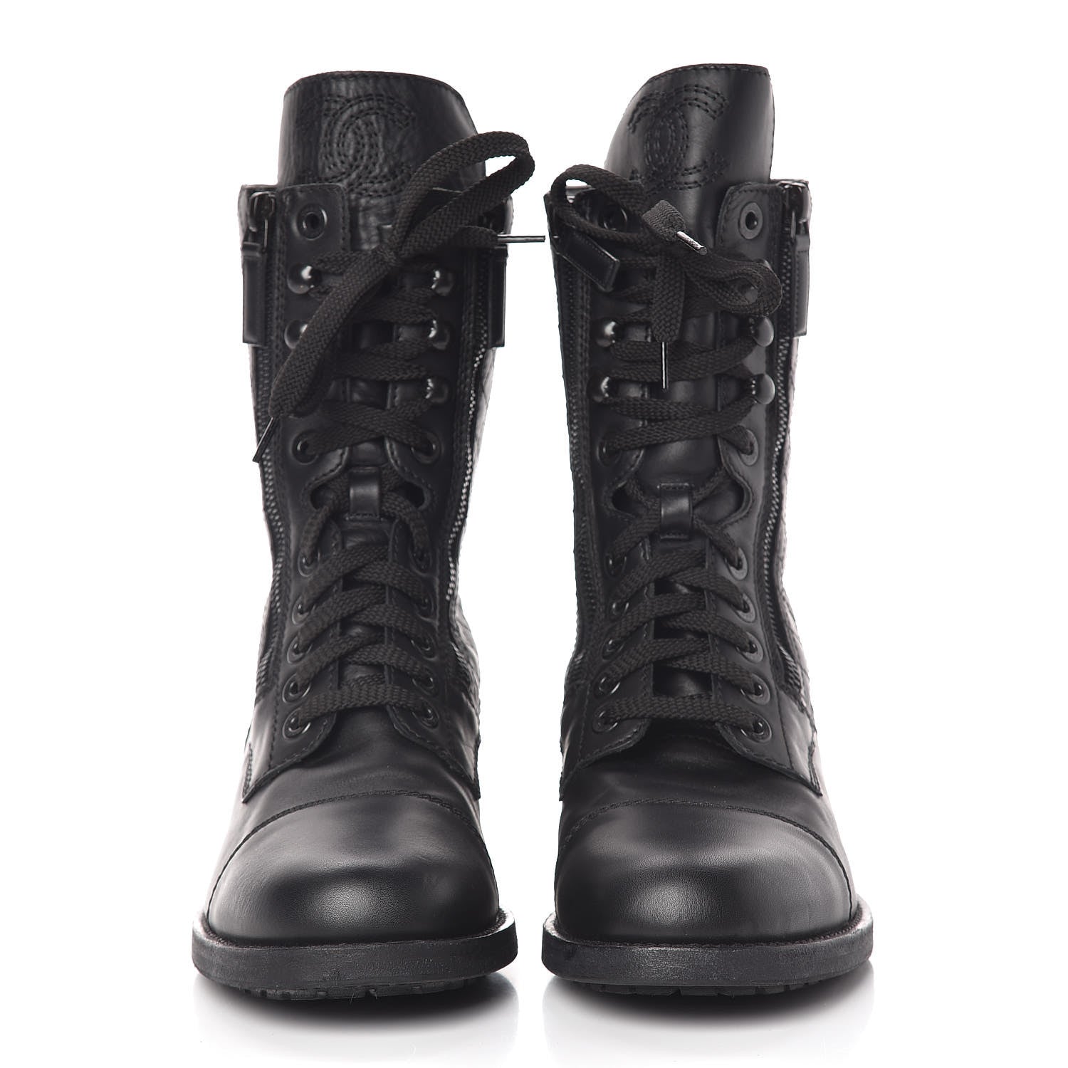 Chanel Calfskin Quilted CC Tall Lace Up Combat Boots 40 Black 3 of 12