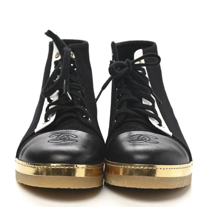 Chanel Tweed Calfskin CC Lace Up Short Boots 39 Black Gold 2 of 9
