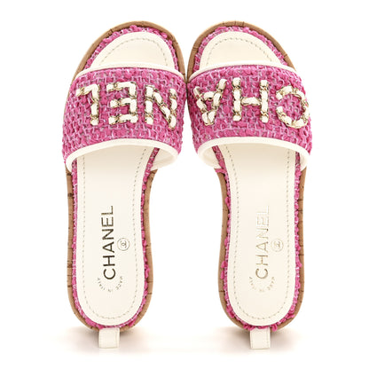 Chanel Tweed Cork Mule Sandal 36 Pink White 2 of 9