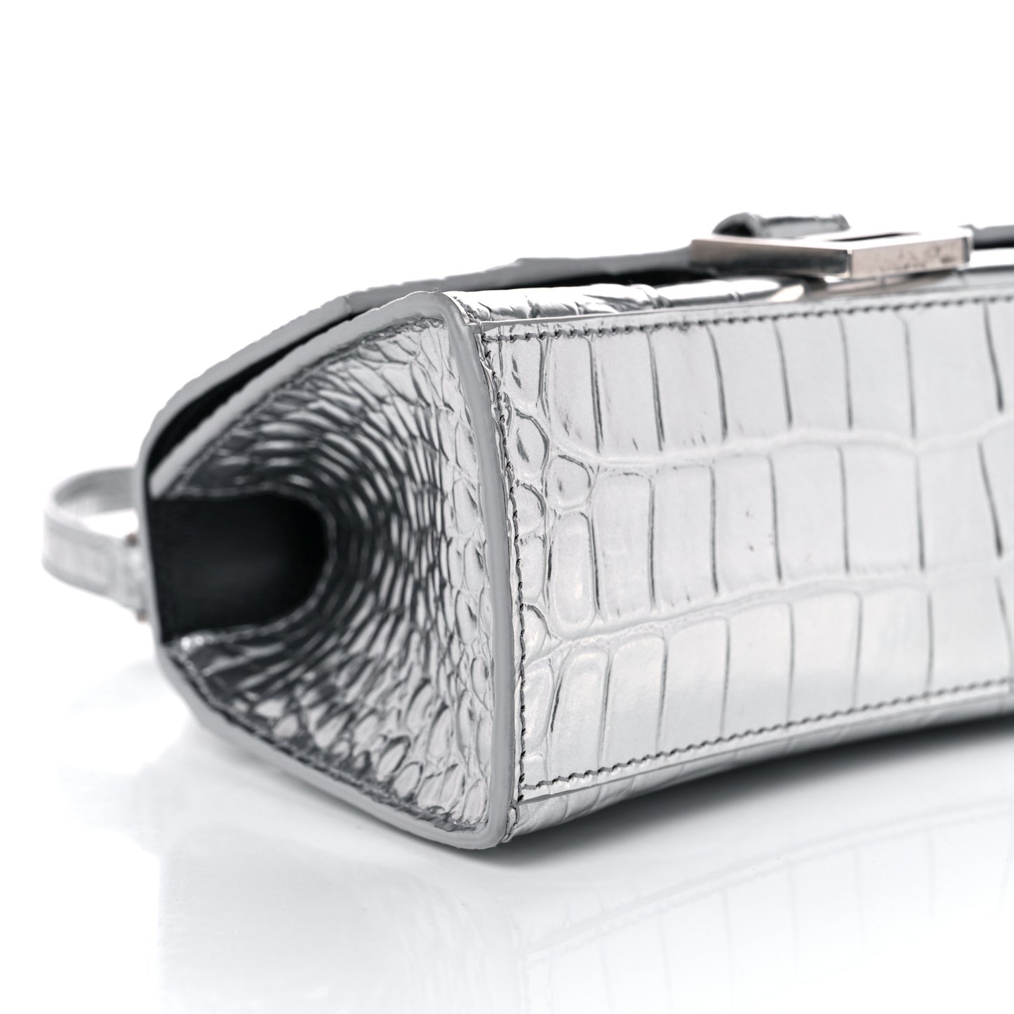 Metallic Calfskin Crocodile Embossed Hourglass Top Handle Bag XS Silver