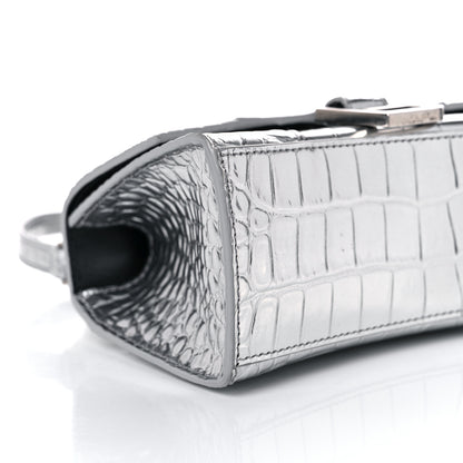 Balenciaga Metallic Calfskin Crocodile Embossed Hourglass Top Handle Bag XS Silver 7 of 15