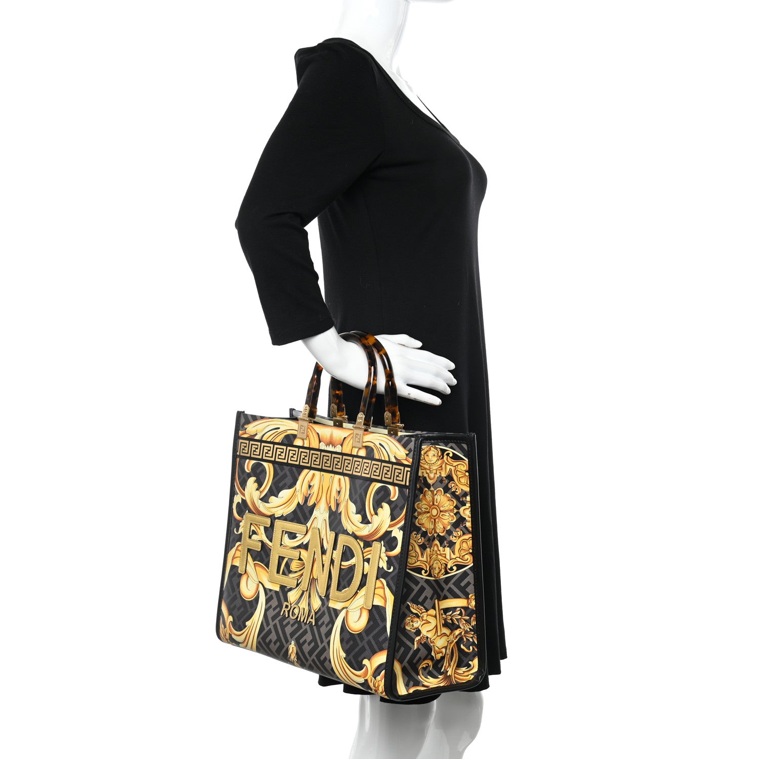 Fendi X VERSACE Calfskin Plexiglass Fendace FF Baroque Print Medium Fendi Sunshine Shopper Tote Black Gold 2 of 10