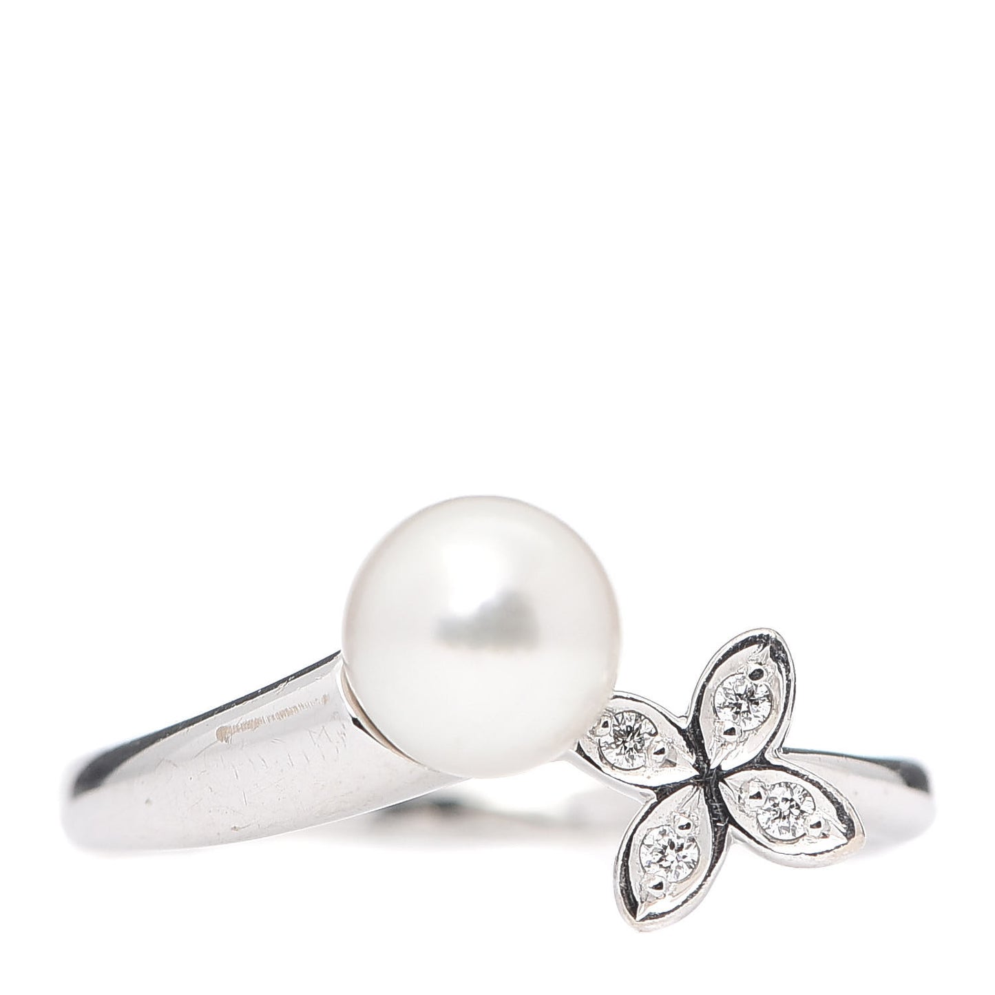 18K White Gold Diamond Akoya Pearl 6mm Flower Ring 51 5.75