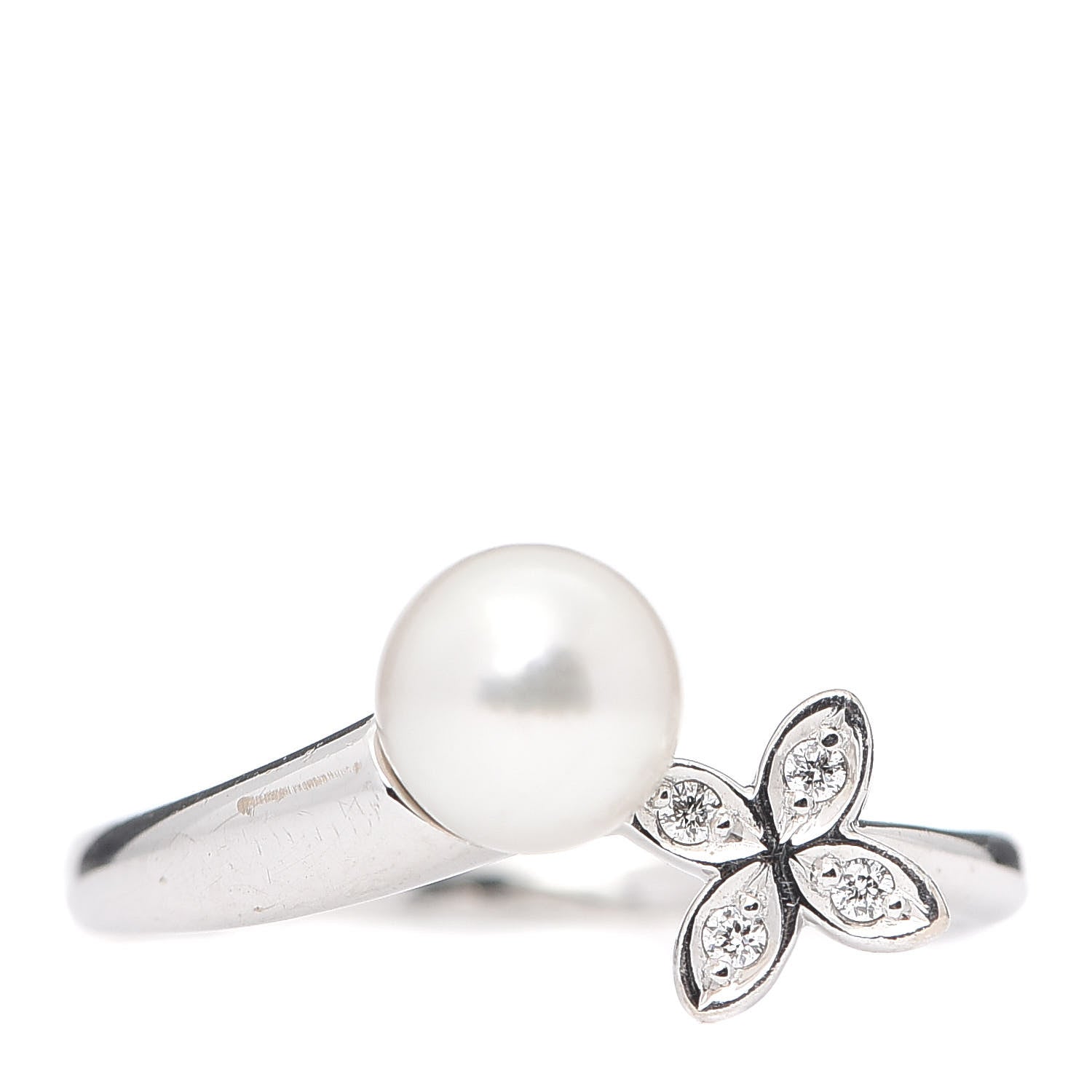 Mikimoto 18K White Gold Diamond Akoya Pearl 6mm Flower Ring 51 5.75 1 of 5