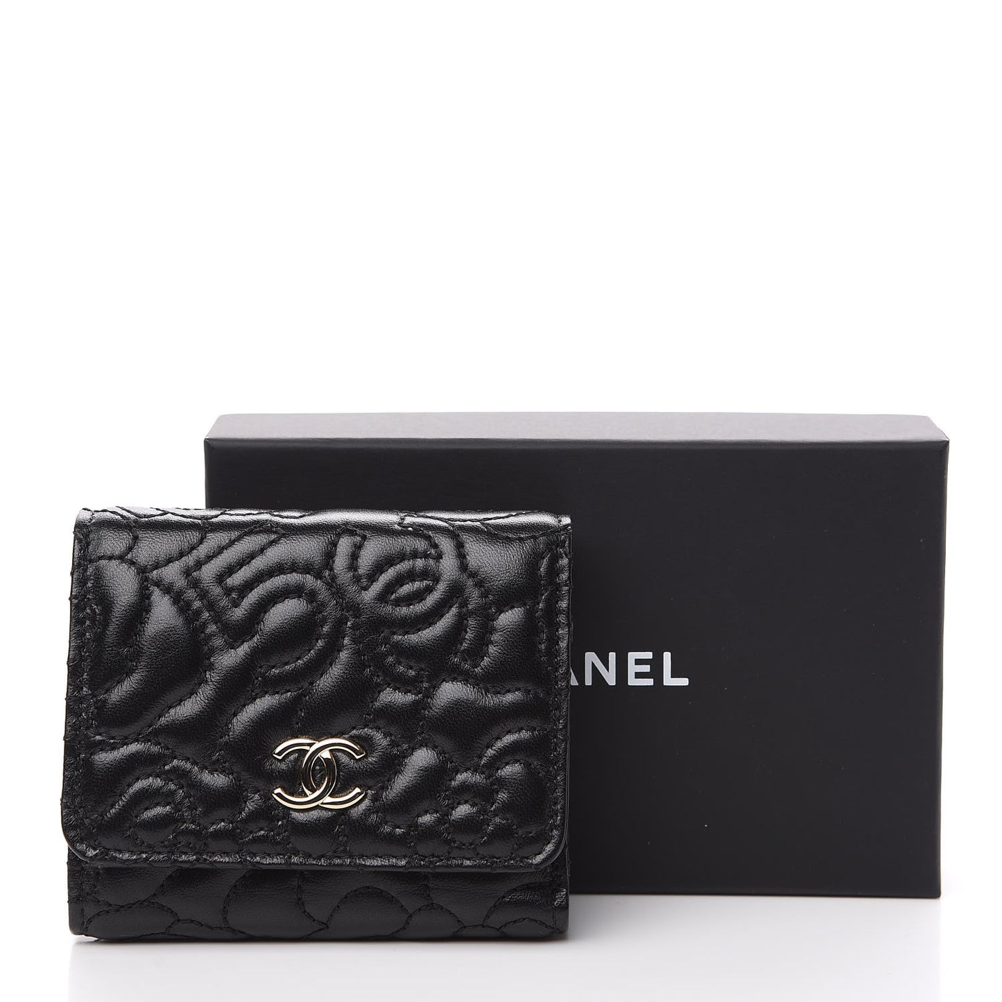 Lambskin Camellia Embossed Small Wallet Black