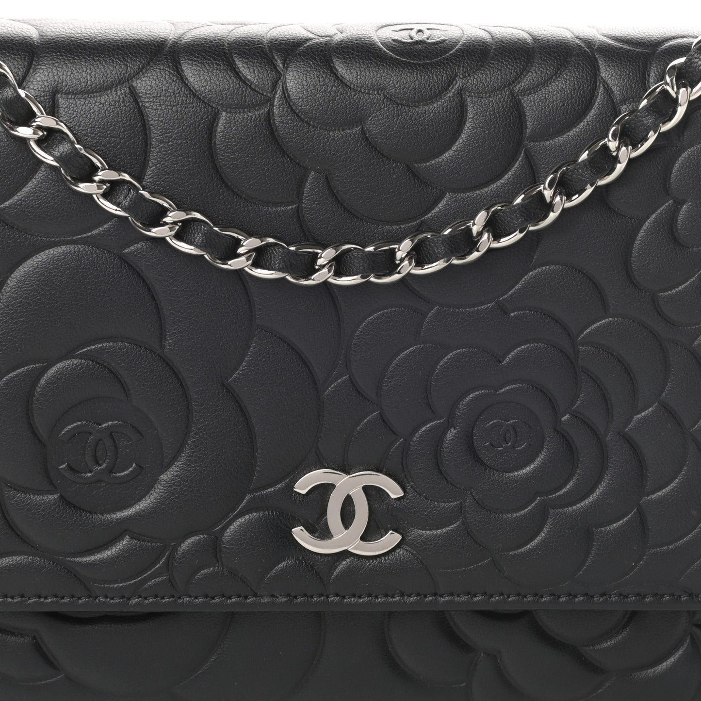 Lambskin Camellia Embossed Wallet on Chain WOC Black