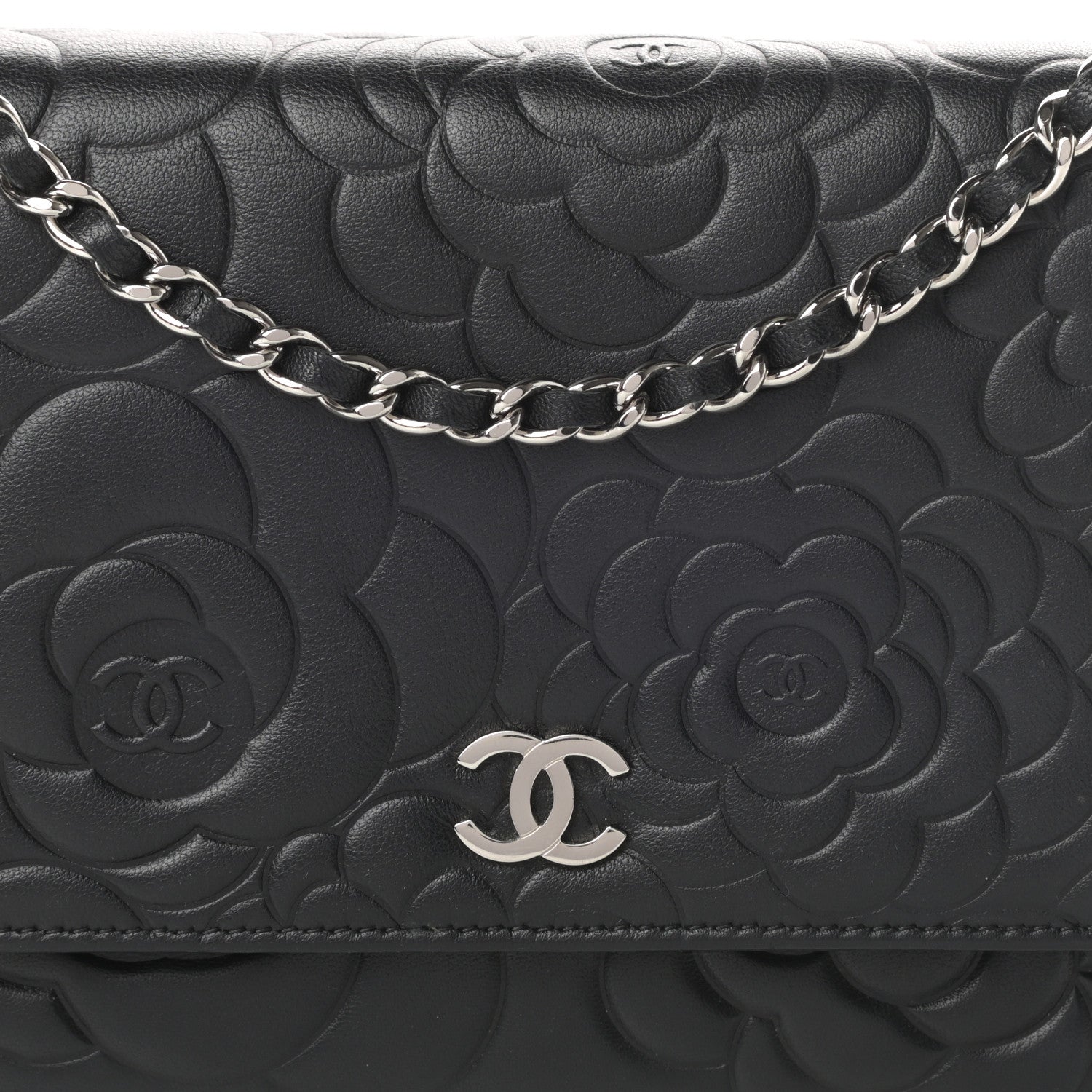 Chanel Lambskin Camellia Embossed Wallet on Chain WOC Black 9 of 13