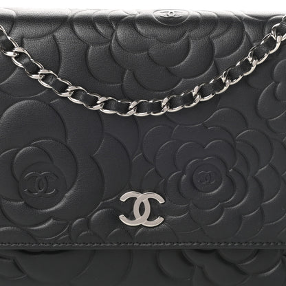 Chanel Lambskin Camellia Embossed Wallet on Chain WOC Black 9 of 13