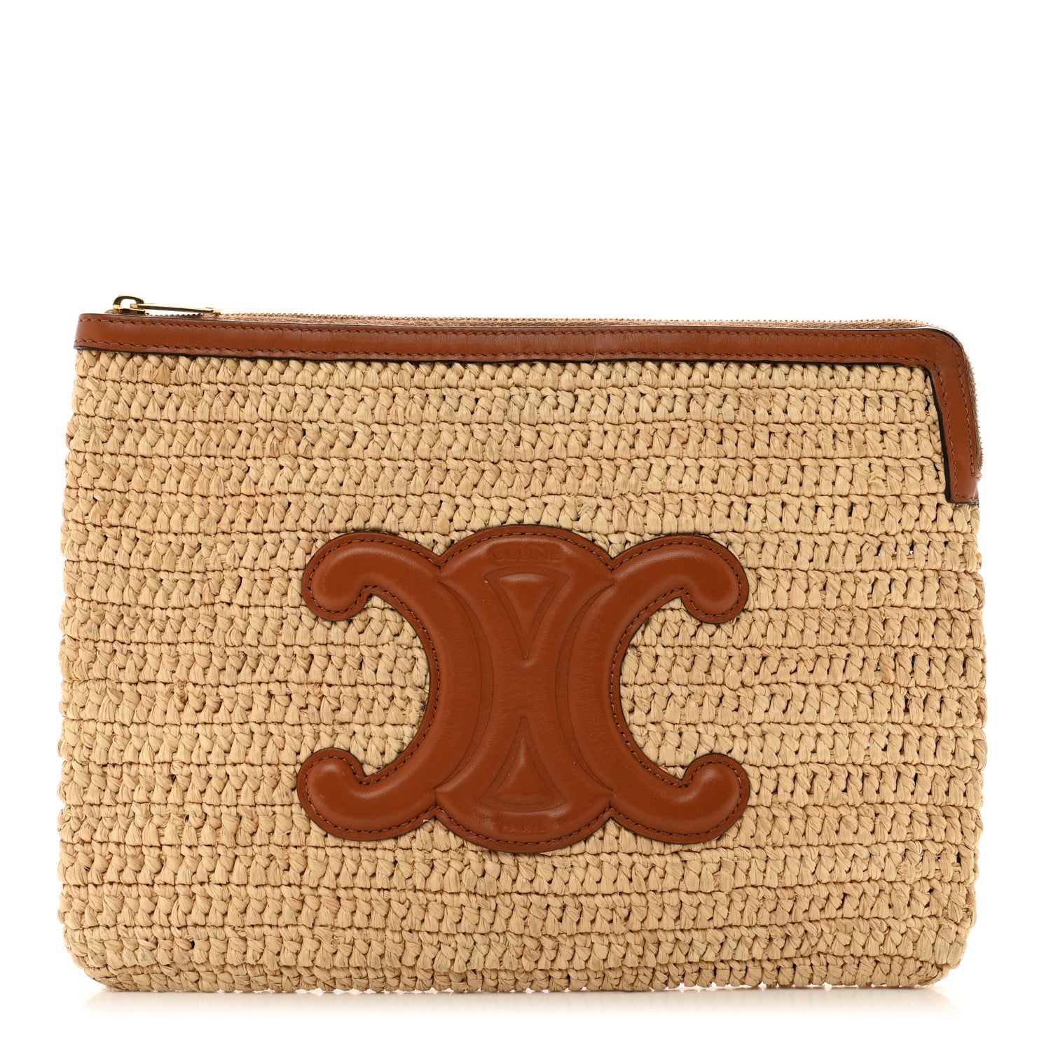 Celine Raffia Calfskin Small Triomphe Pouch Tan 1 of 7