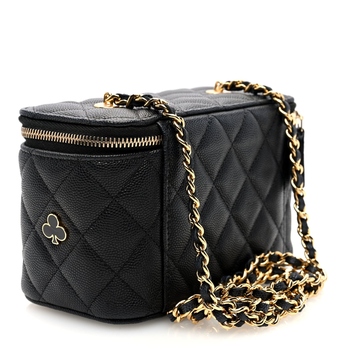 Caviar Quilted Enamel Coco Casino Small Vanity Case With Chain Black