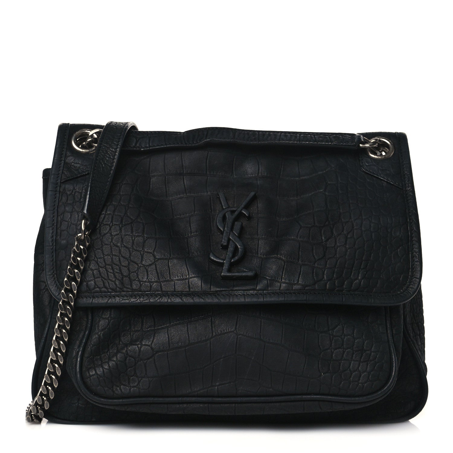 Saint Laurent Nubuck Crocodile Embossed Monogram Medium Niki Chain Satchel Black 1 of 11