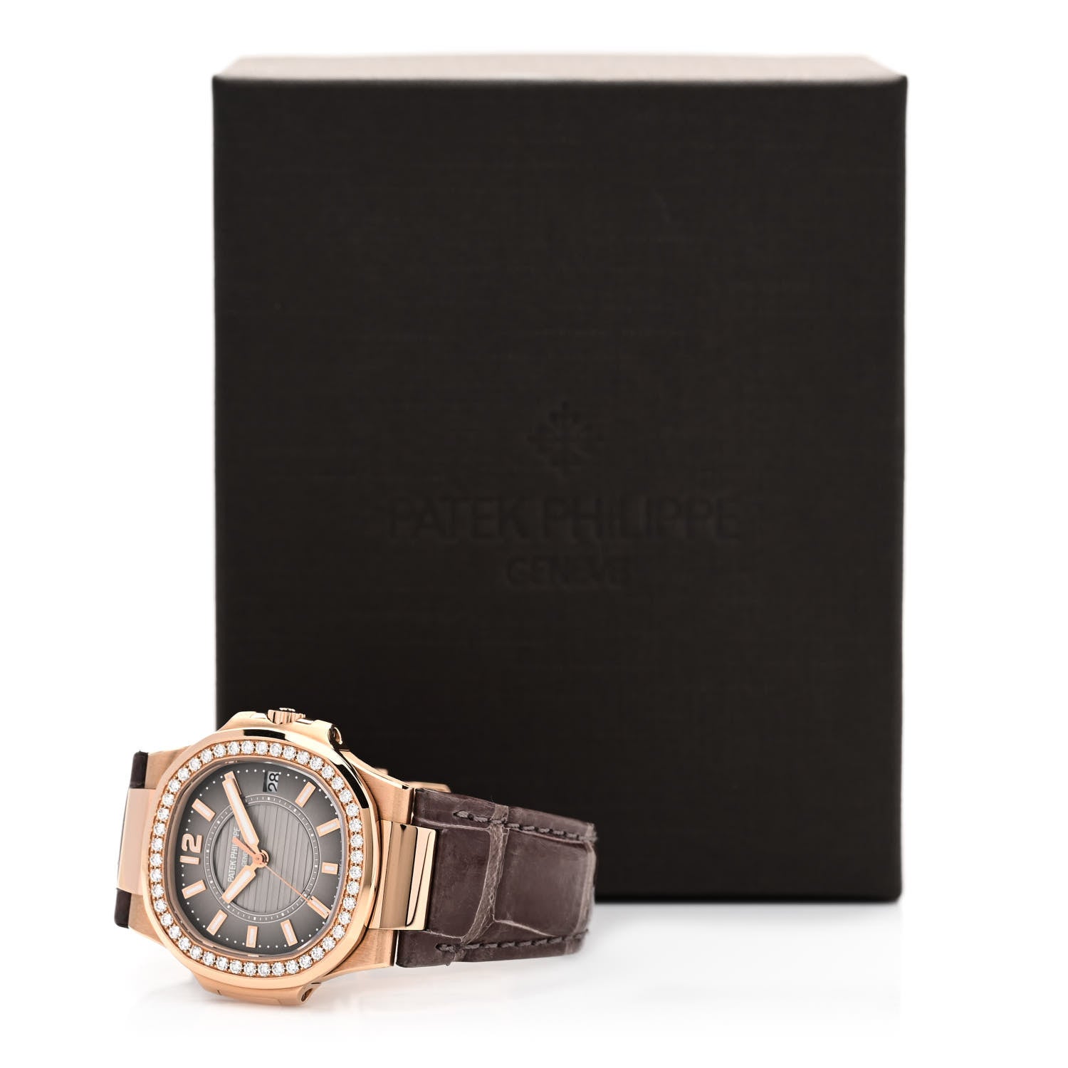 Patek Philippe 18K Rose Gold Alligator Diamond 32mm Nautilus Quartz Watch Grey 7010R-001 5 of 5