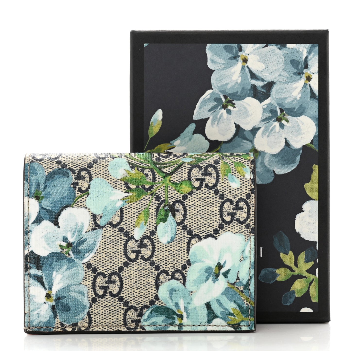 GG Supreme Monogram Blooms Card Case Wallet Beige Blue Navy Hibiscus Red