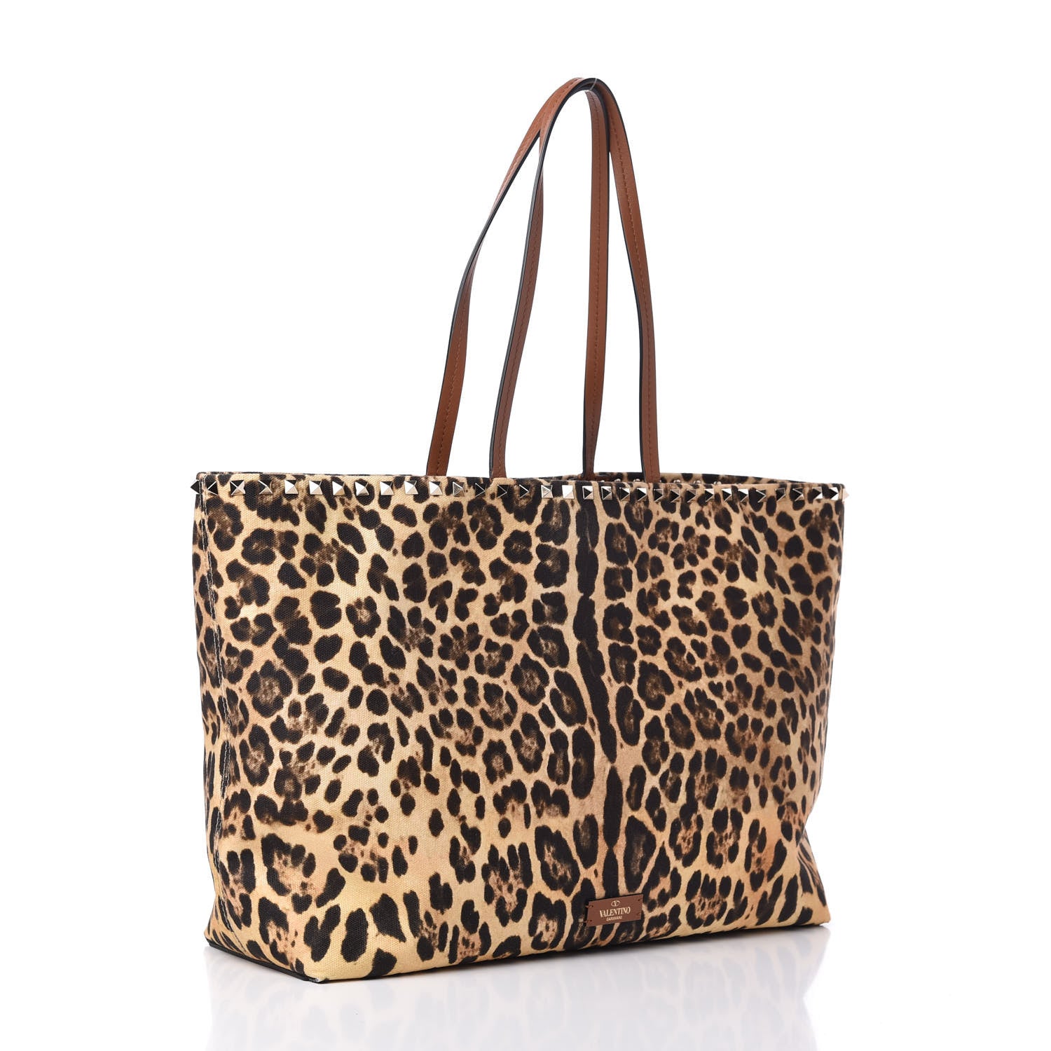 Valentino Garavani Canvas Nappa Leopard Print Rockstud Tote Brown 3 of 9