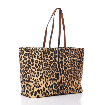 Valentino Garavani Canvas Nappa Leopard Print Rockstud Tote Brown 3 of 9