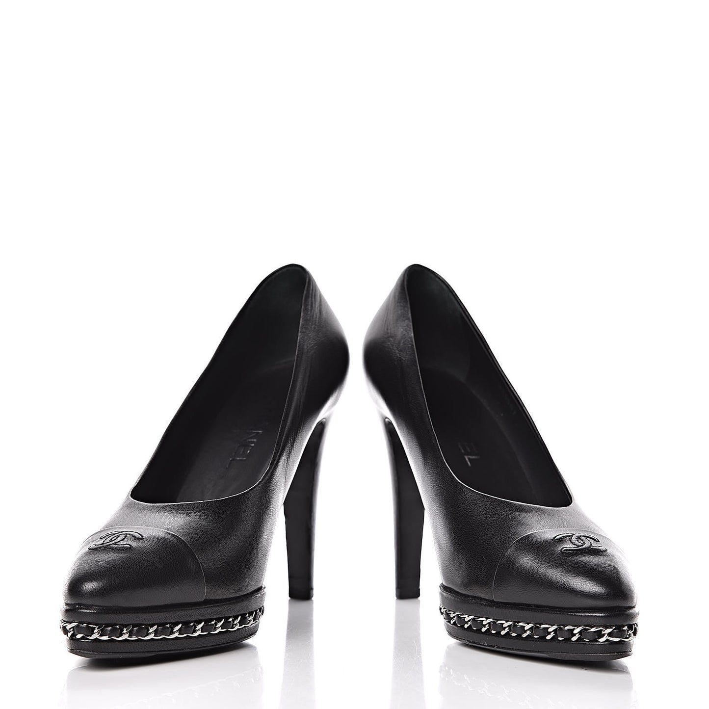 Lambskin CC Cap Toe Platform Chain Pumps 39 Black