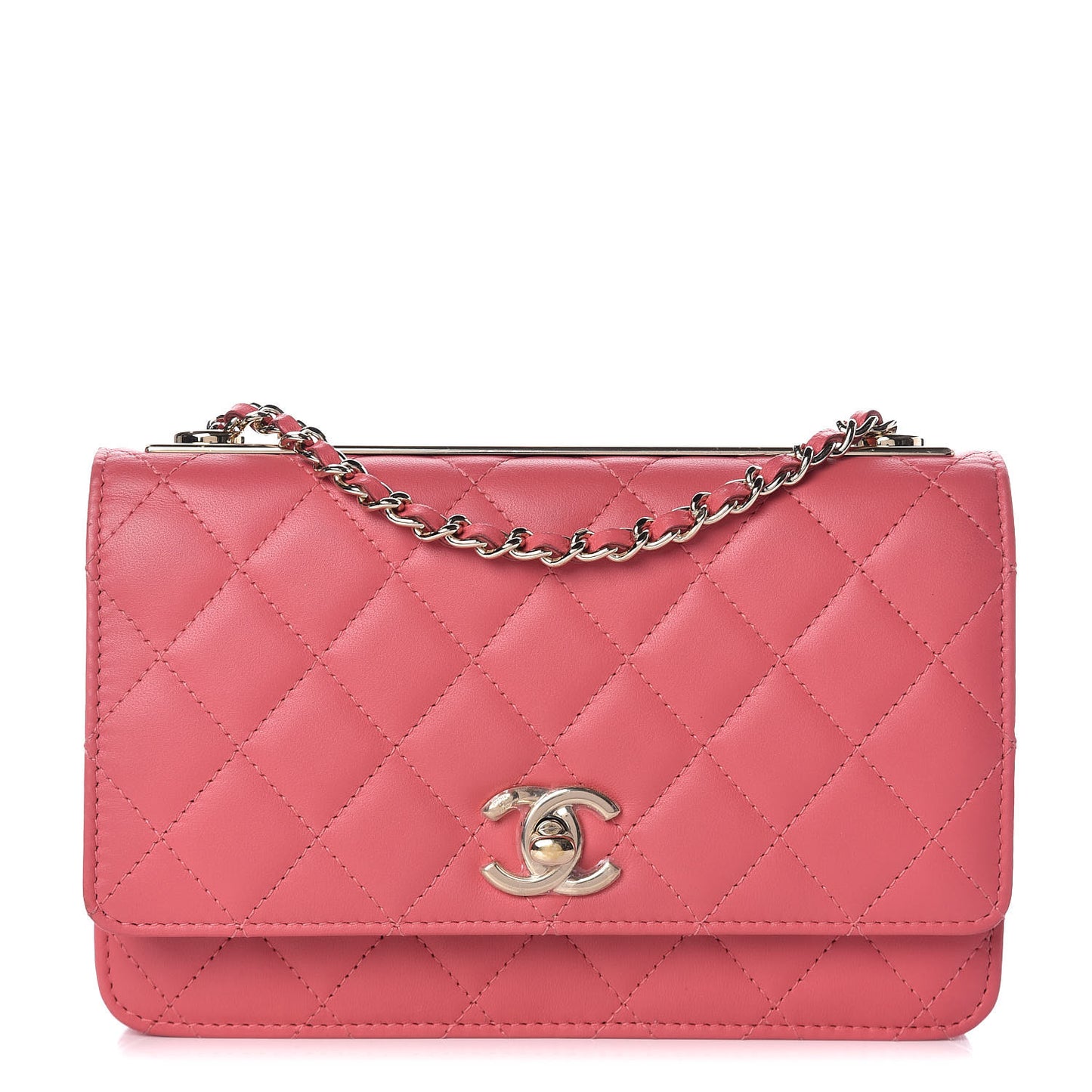 Lambskin Quilted Trendy CC Wallet On Chain WOC Bright Pink