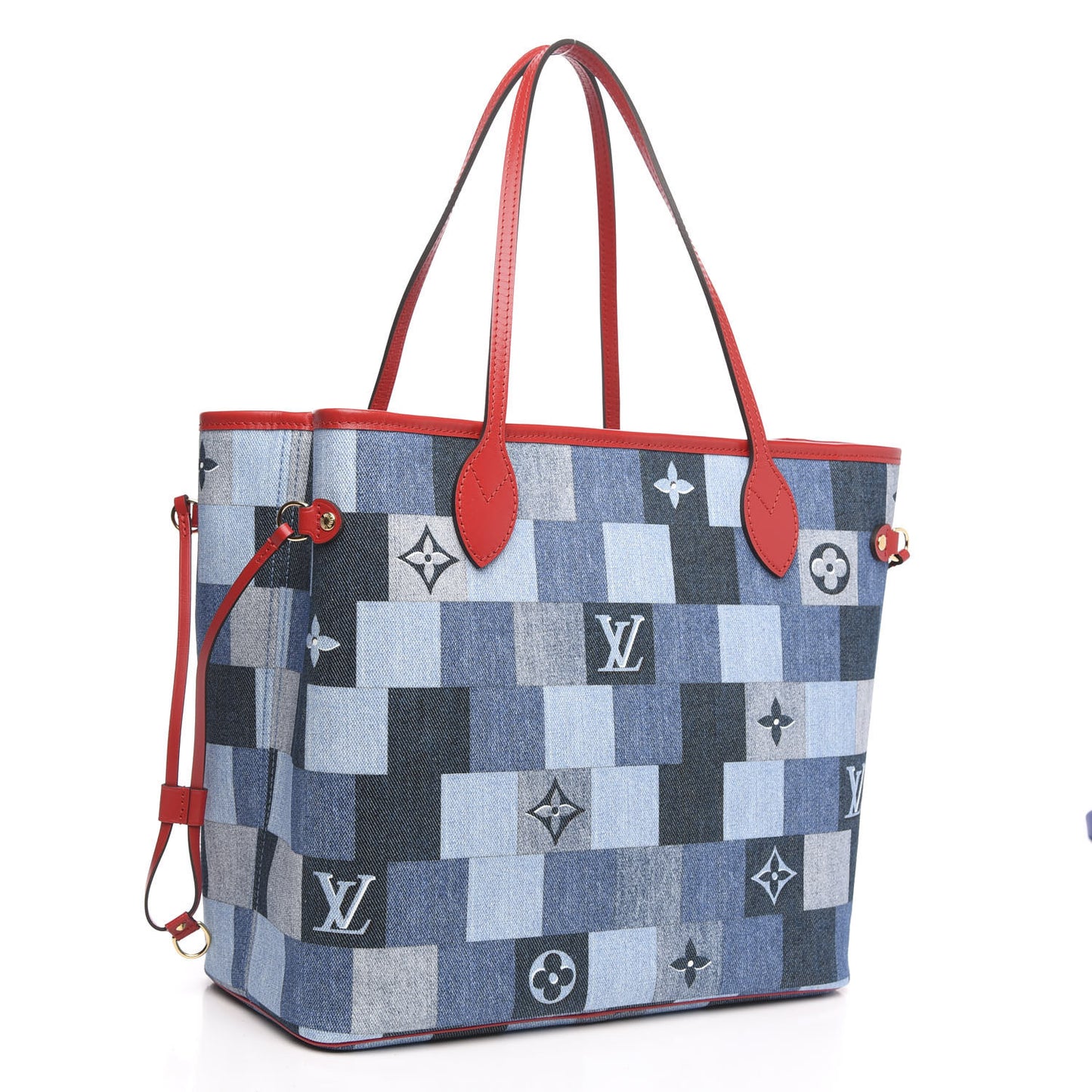 Denim Damier Monogram Patchwork Neverfull Blue Rouge