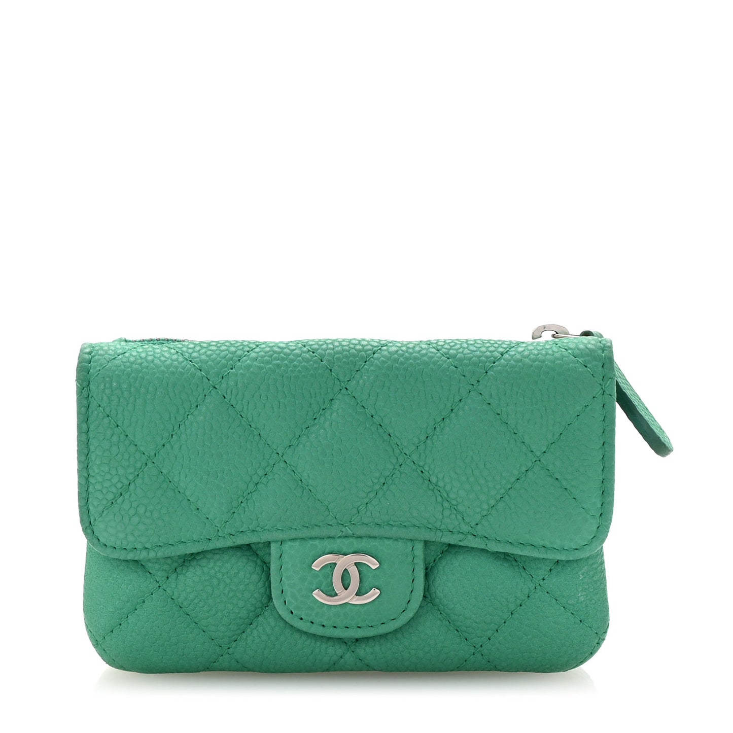 Iridescent Caviar Quilted Flap Zip Card Holder Green