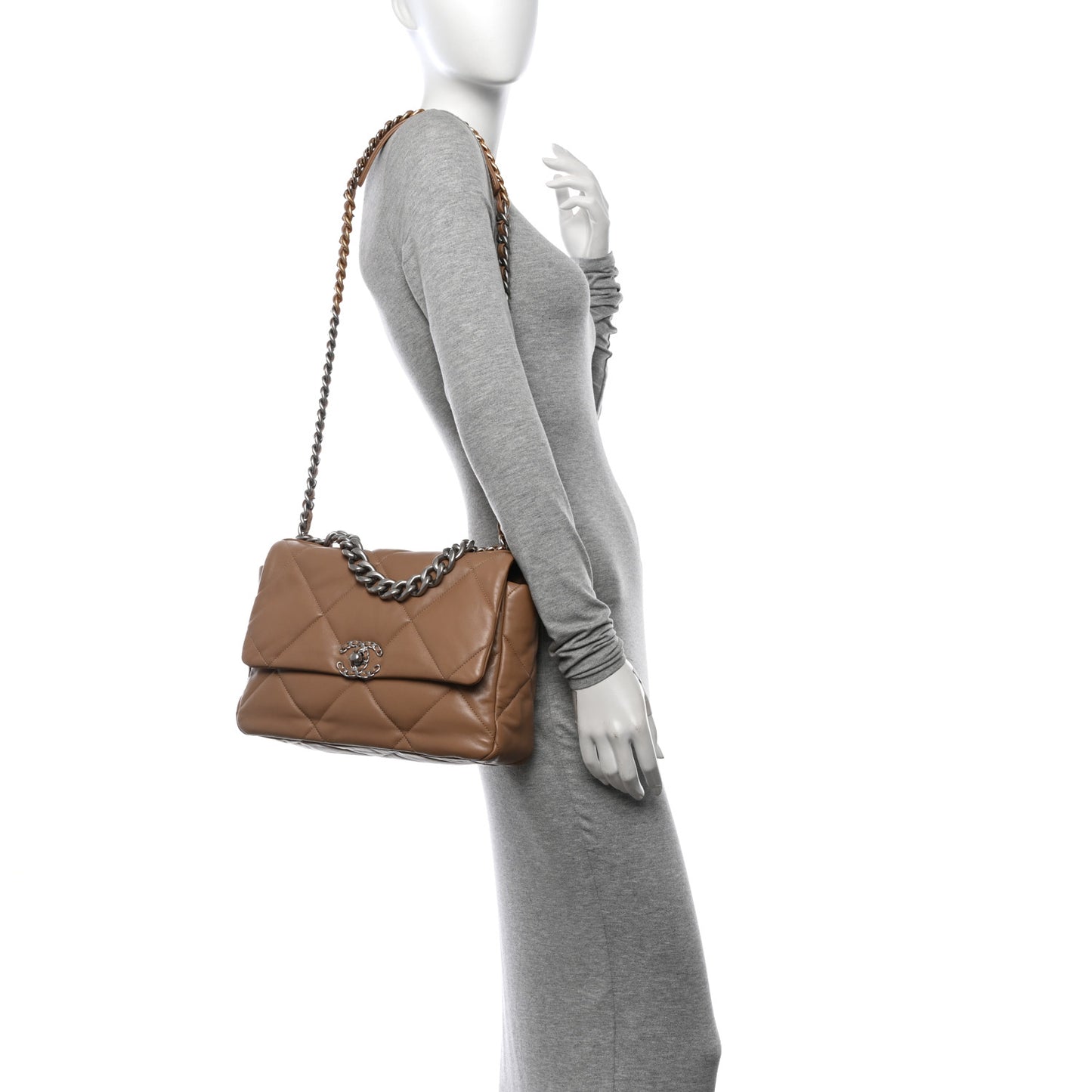 Lambskin Quilted Large Chanel 19 Flap Dark Beige