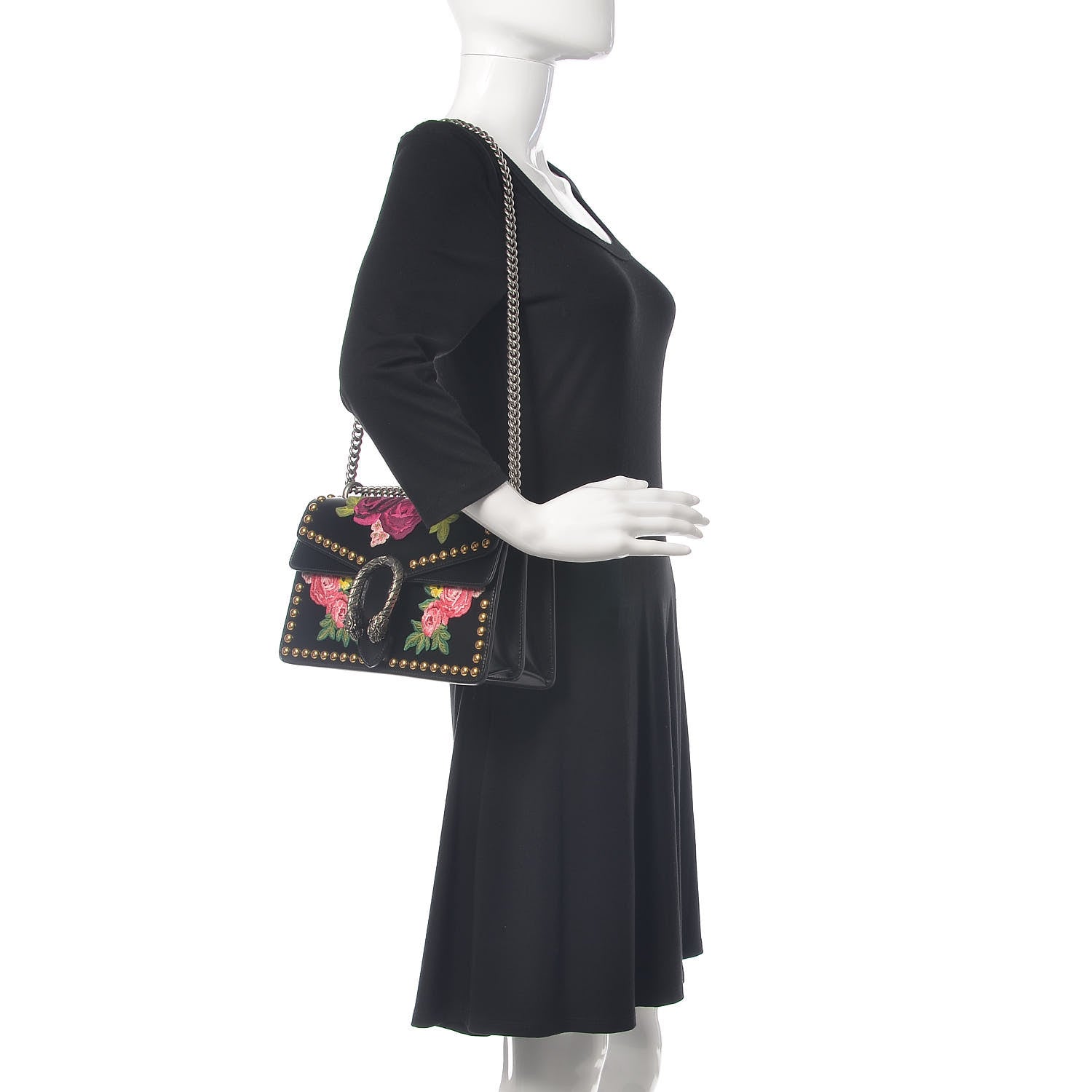 Gucci Calfskin Floral Embroidered Studded Small Dionysus Shoulder Bag Black 2 of 11