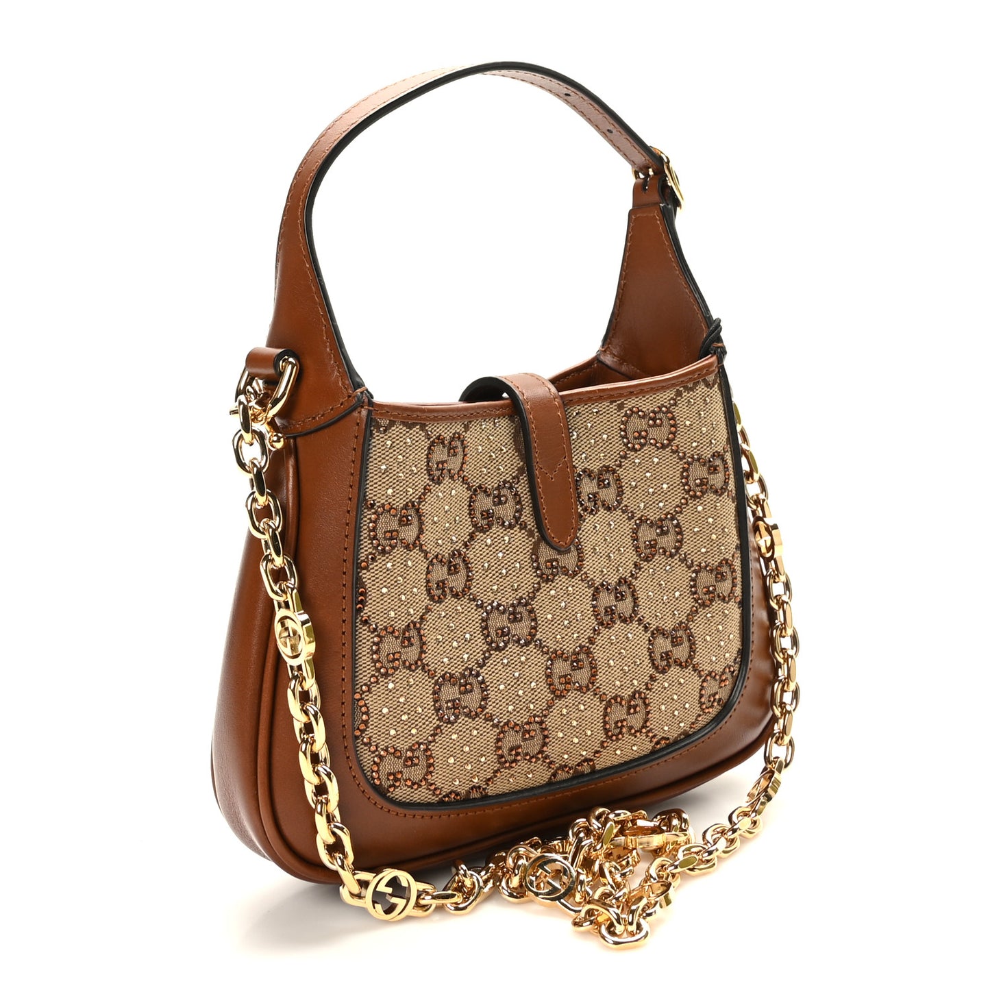 New Canvas Charisma Calfskin Crystal GG Monogram Mini Jackie 1961 Hobo Camel Ebony