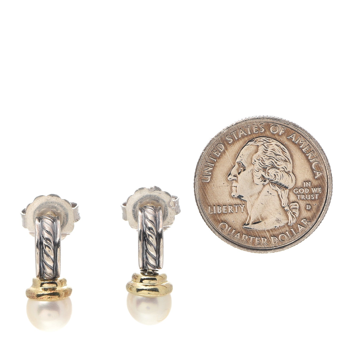 David Yurman Sterling Silver 18K Yellow Gold Pearl Cable Drop Earrings 2 of 4