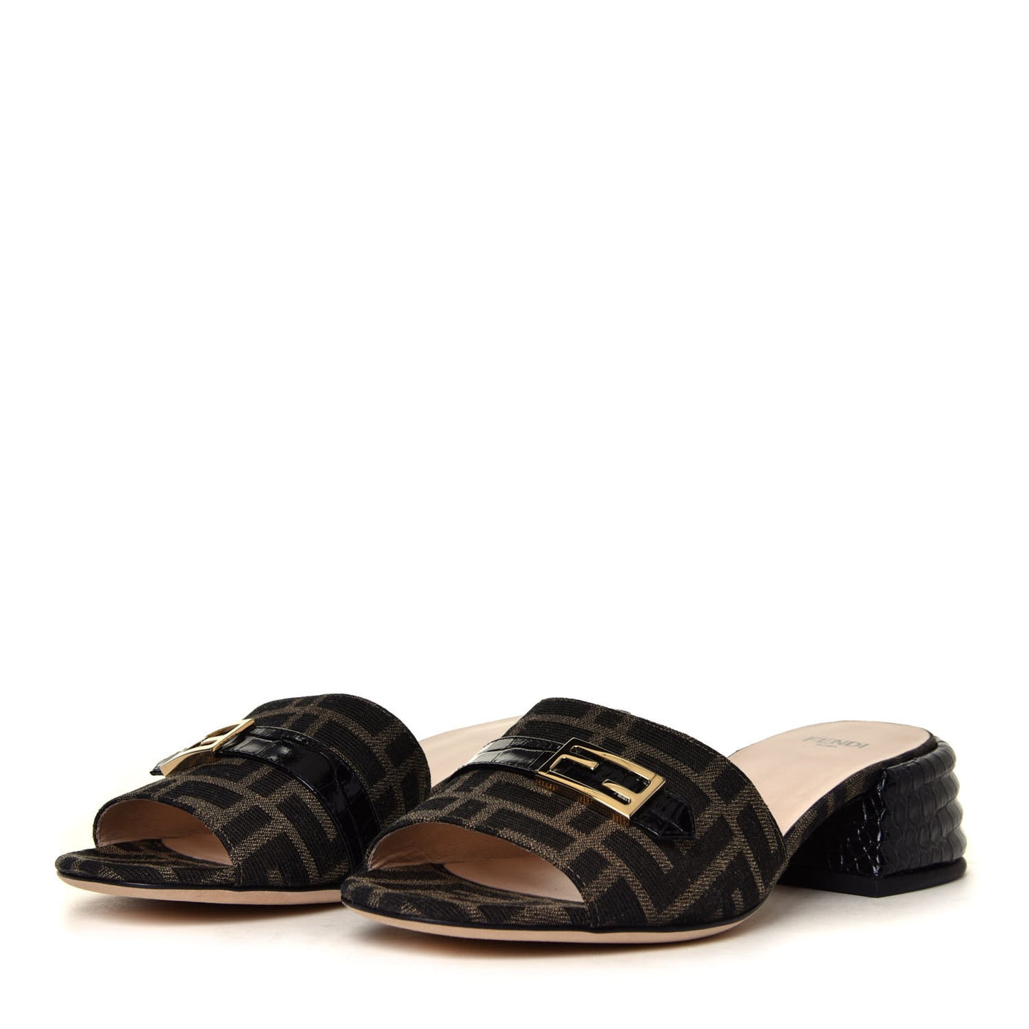 Jacquard Calfskin FF Crocodile Embossed Promenade Slide Sandals 36.5 Tobacco Moro Black