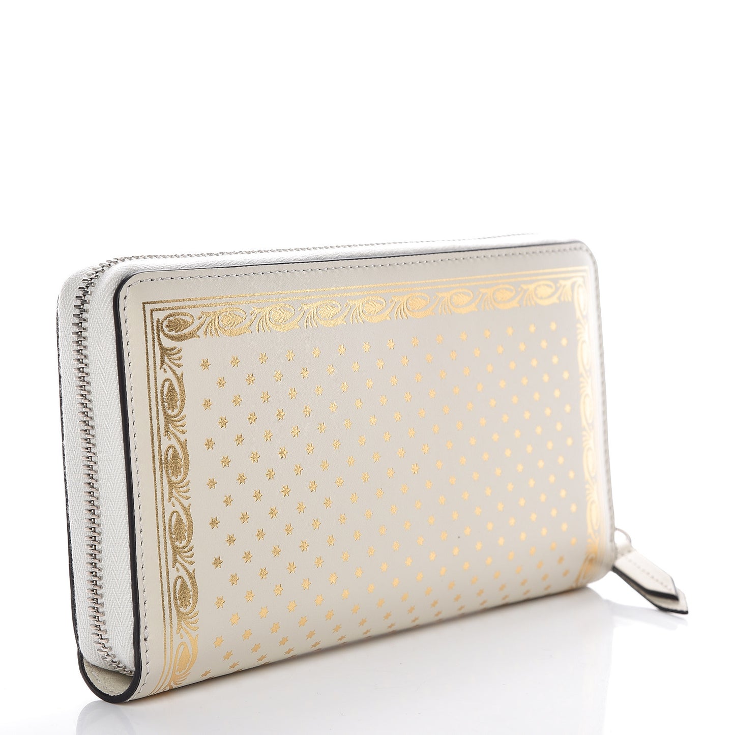 X SEGA Calfskin GUCCY Stars Zip Around Wallet Mystic White Gold