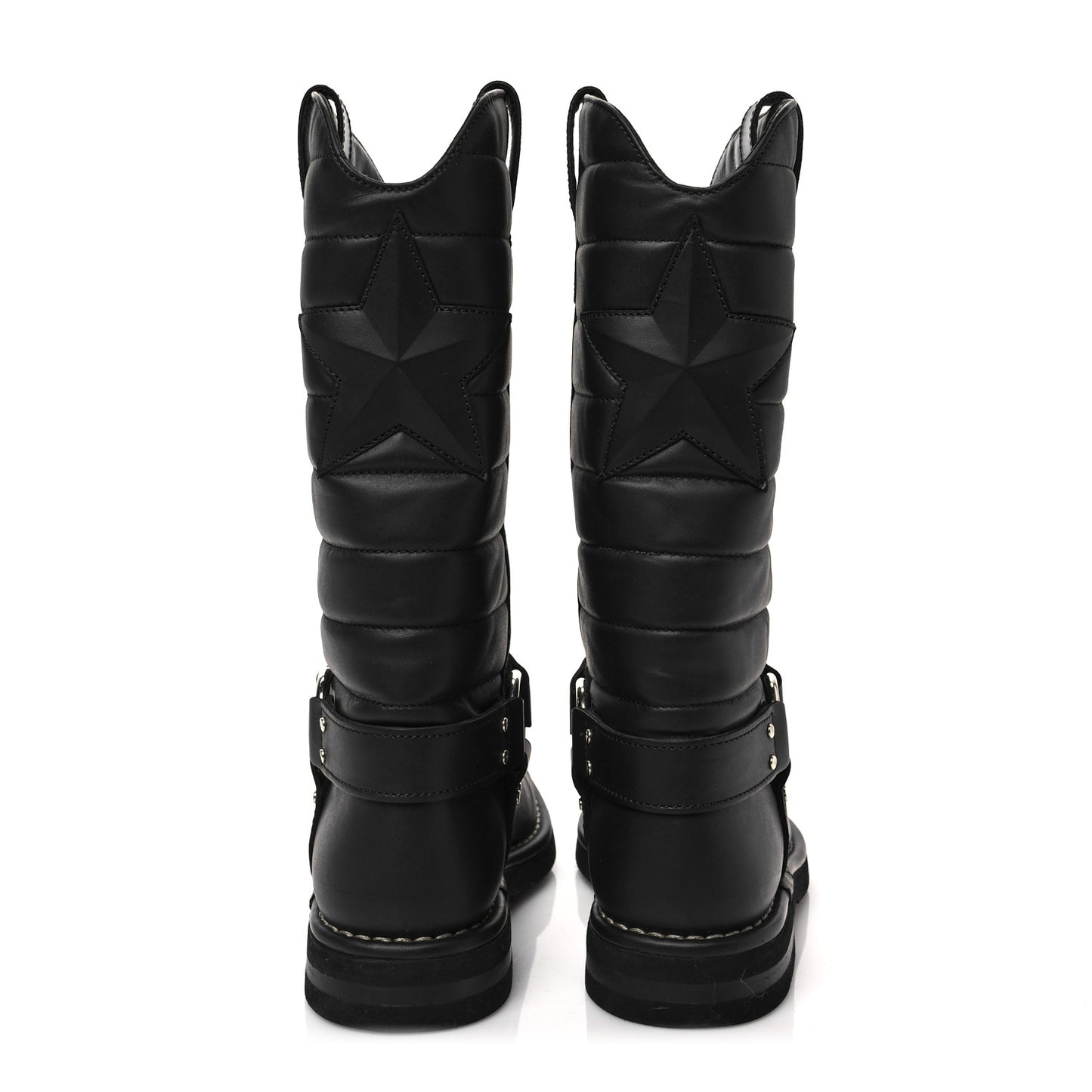 Oily Calfskin Star Quilted Biker Boots 36.5 Black