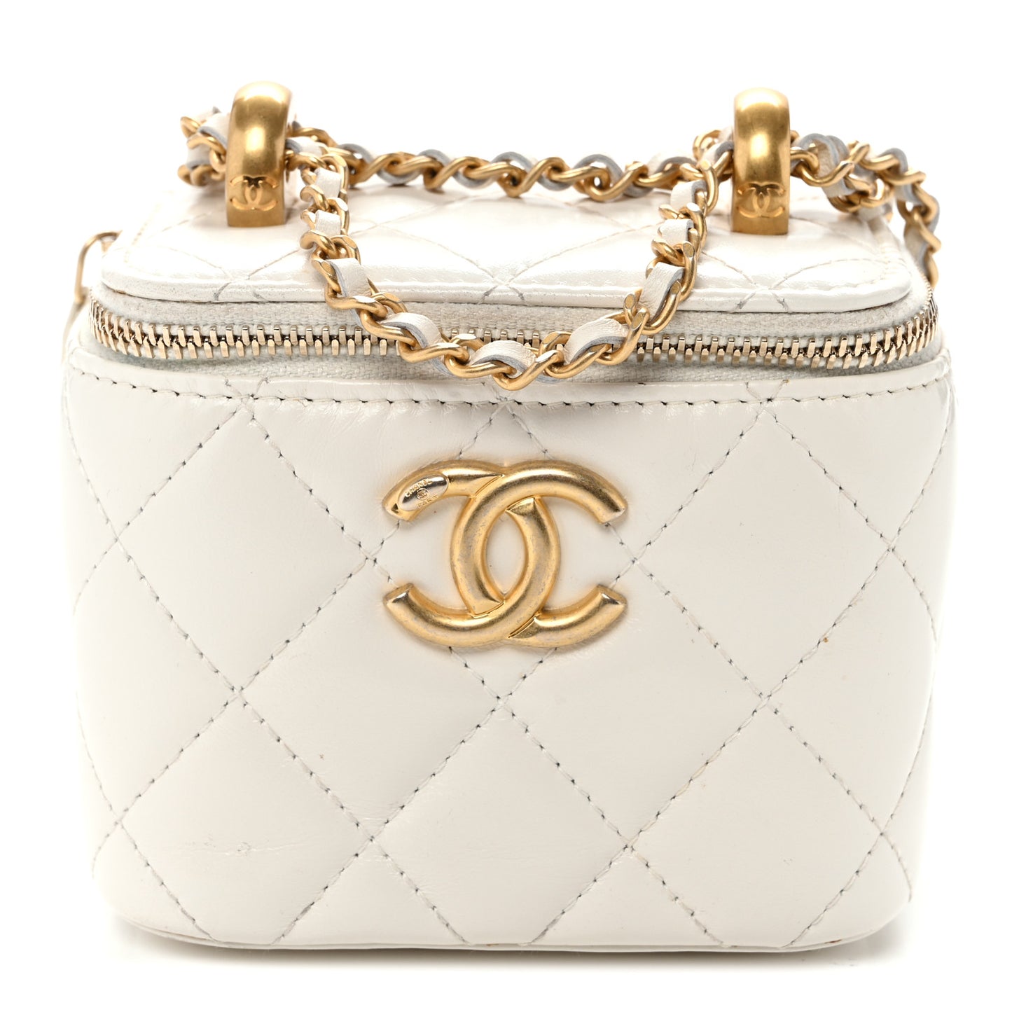 Calfskin Quilted Mini Perfect Fit Vanity Case With Chain White