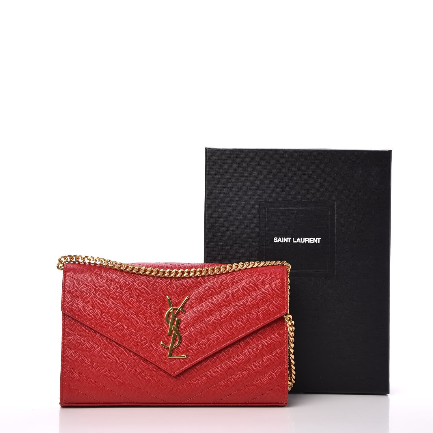 Saint Laurent Grain De Poudre Matelasse Chevron Monogram Chain Wallet New Red 8 of 8