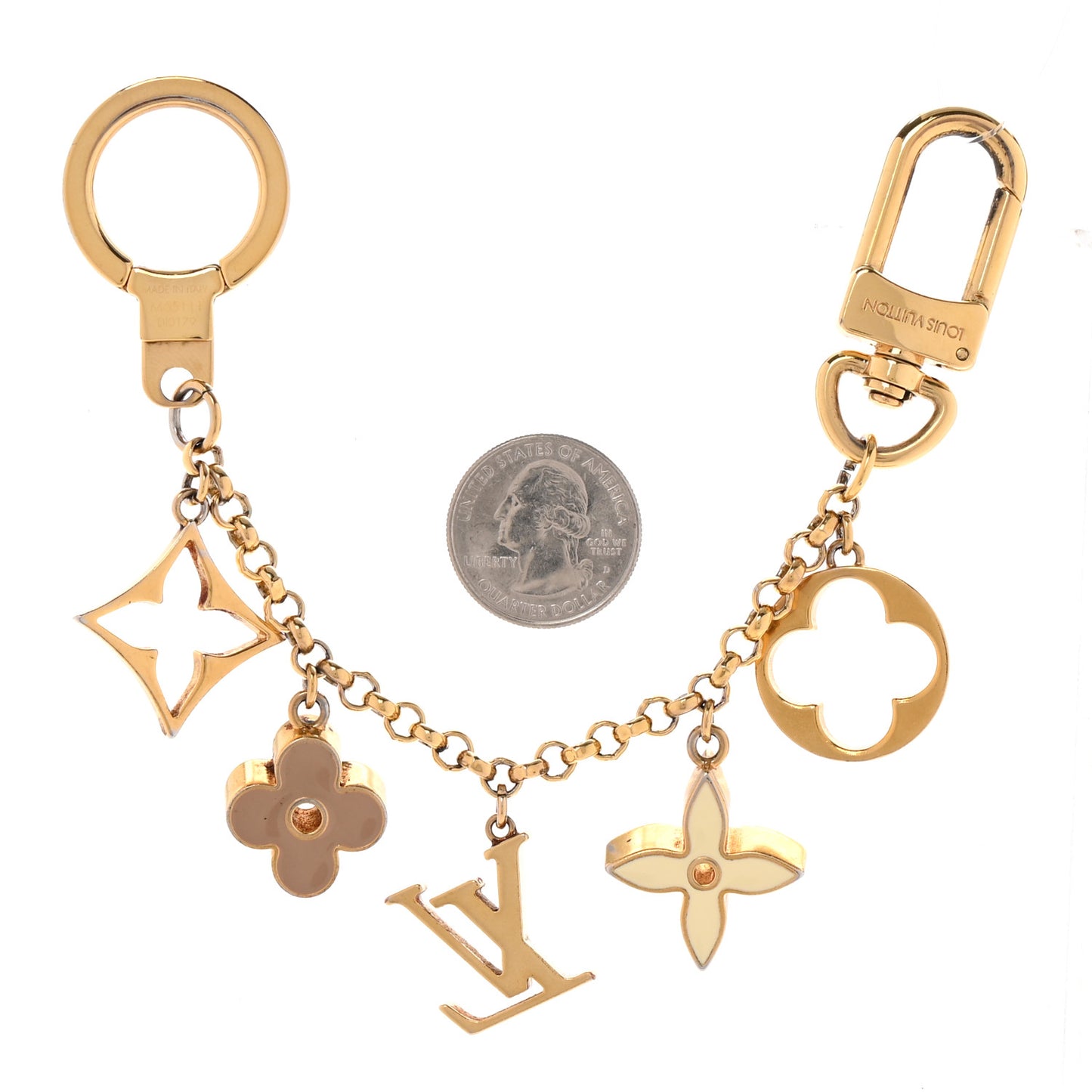 Brass Enamel Fleur De Monogram Bag Charm Chain Gold
