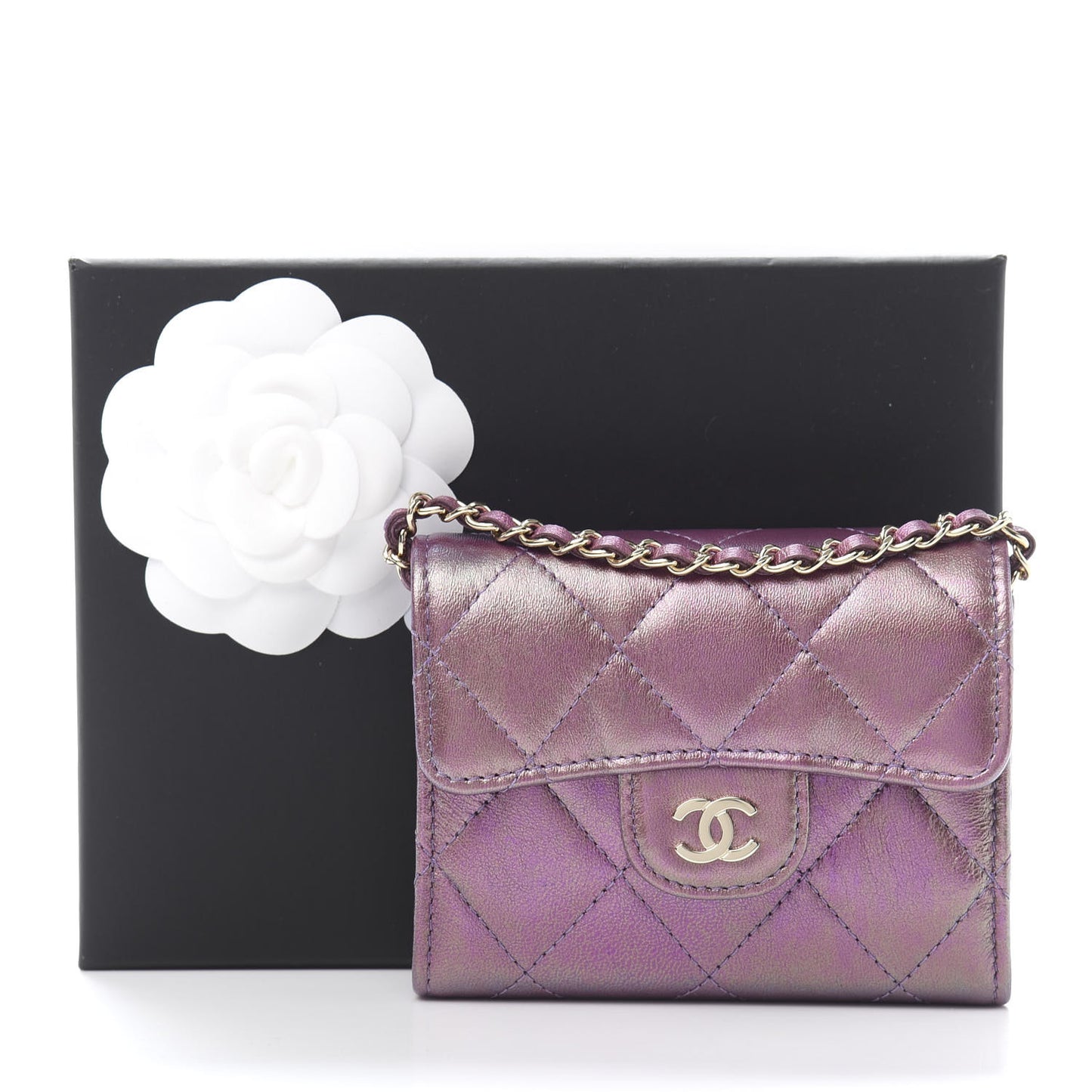 Iridescent Lambskin Quilted Flap Card Holder On Chain Purple