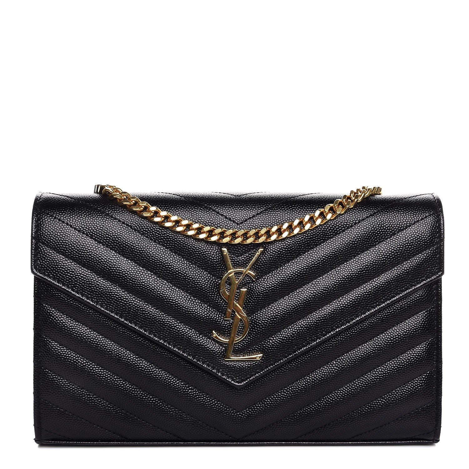 Saint Laurent Grain De Poudre Matelasse Chevron Monogram Chain Wallet Black 1 of 8