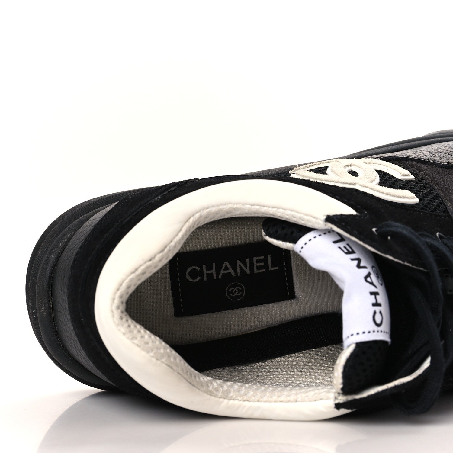 Chanel Mesh Suede Calfskin Grained Calfskin Womens CC Sneakers 39.5 White Black 6 of 7