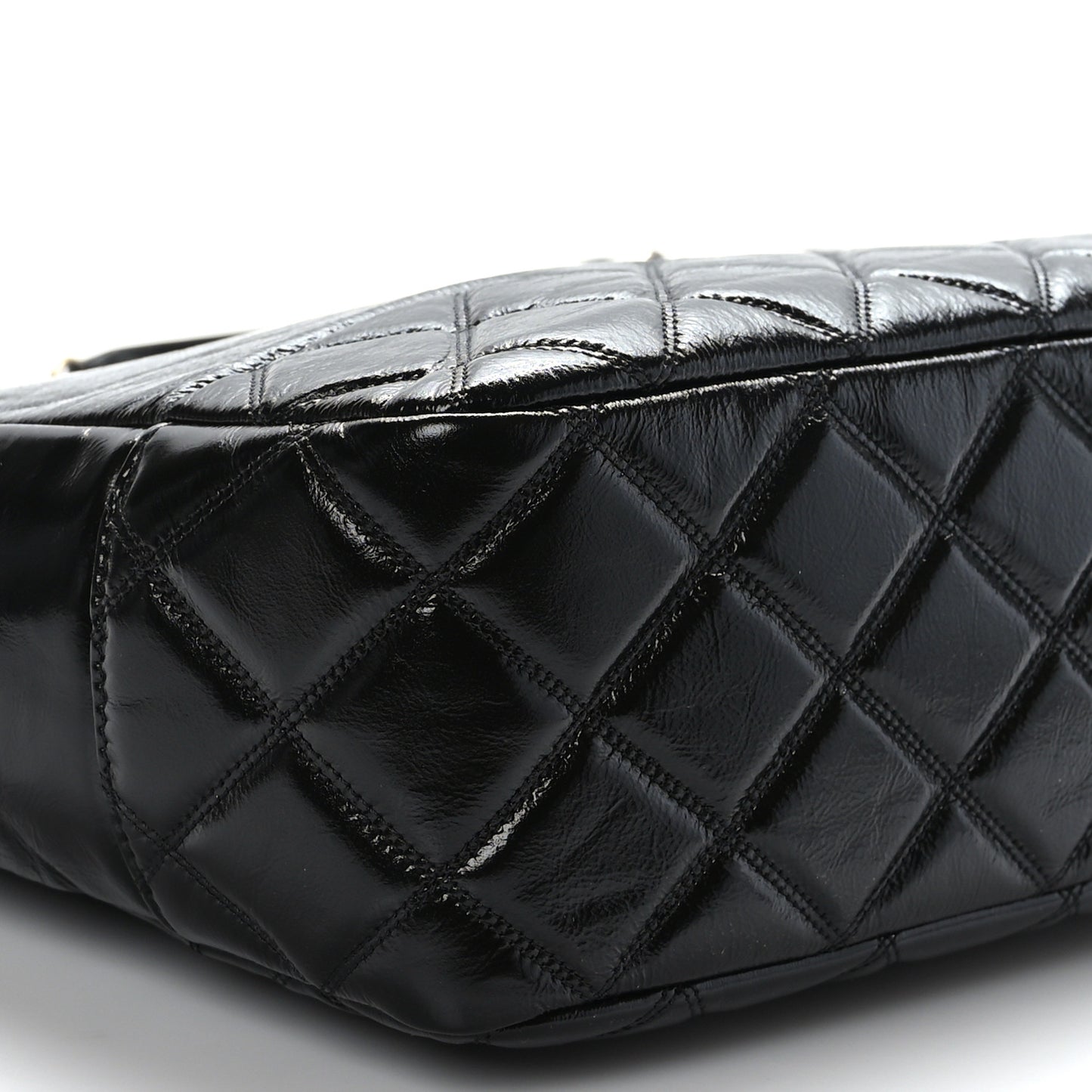 Shiny Aged Calfskin Quilted Large Shopping Bag Black
