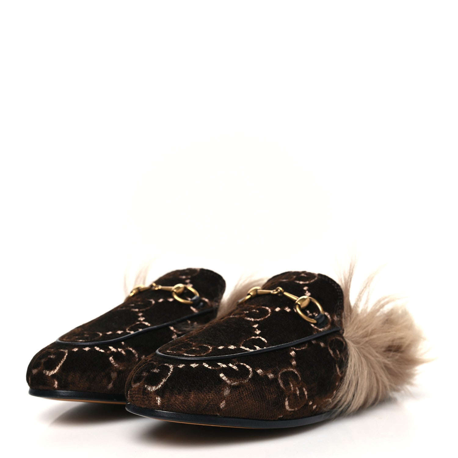 Gucci Velvet GG Monogram Fur Womens Princetown Slippers 36 Brown Black Natural 4 of 9