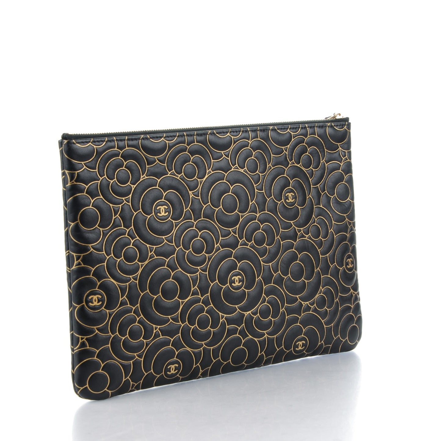 Lambskin Camellia Embossed Medium Cosmetic Case Black Gold