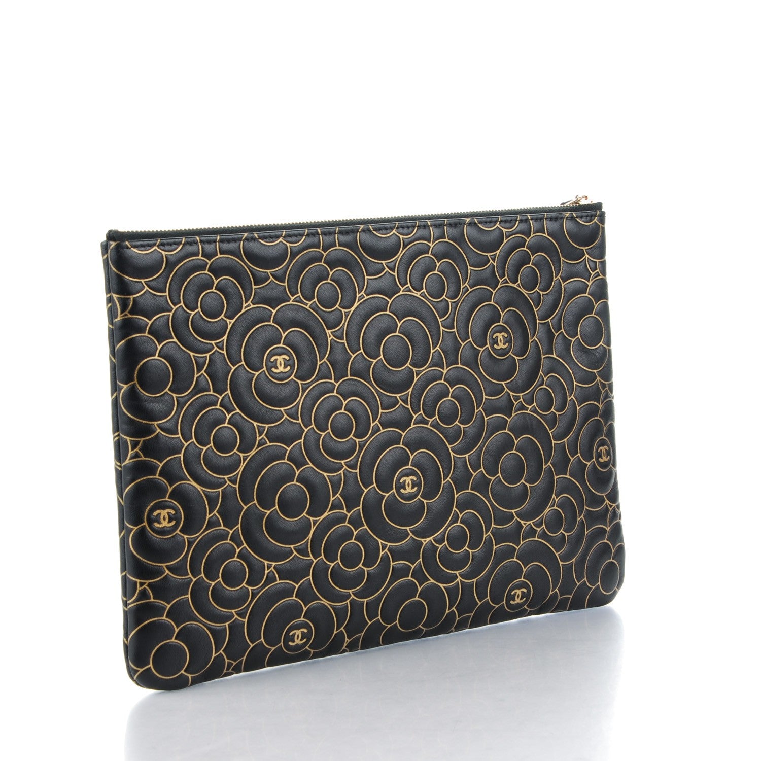 Chanel Lambskin Camellia Embossed Medium Cosmetic Case Black Gold 3 of 7