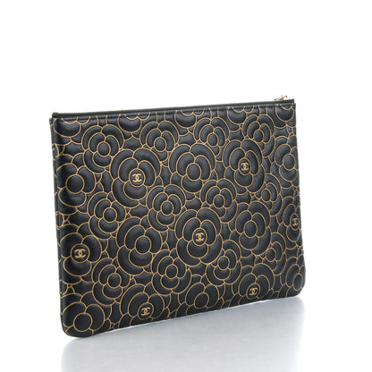 Chanel Lambskin Camellia Embossed Medium Cosmetic Case Black Gold 3 of 7