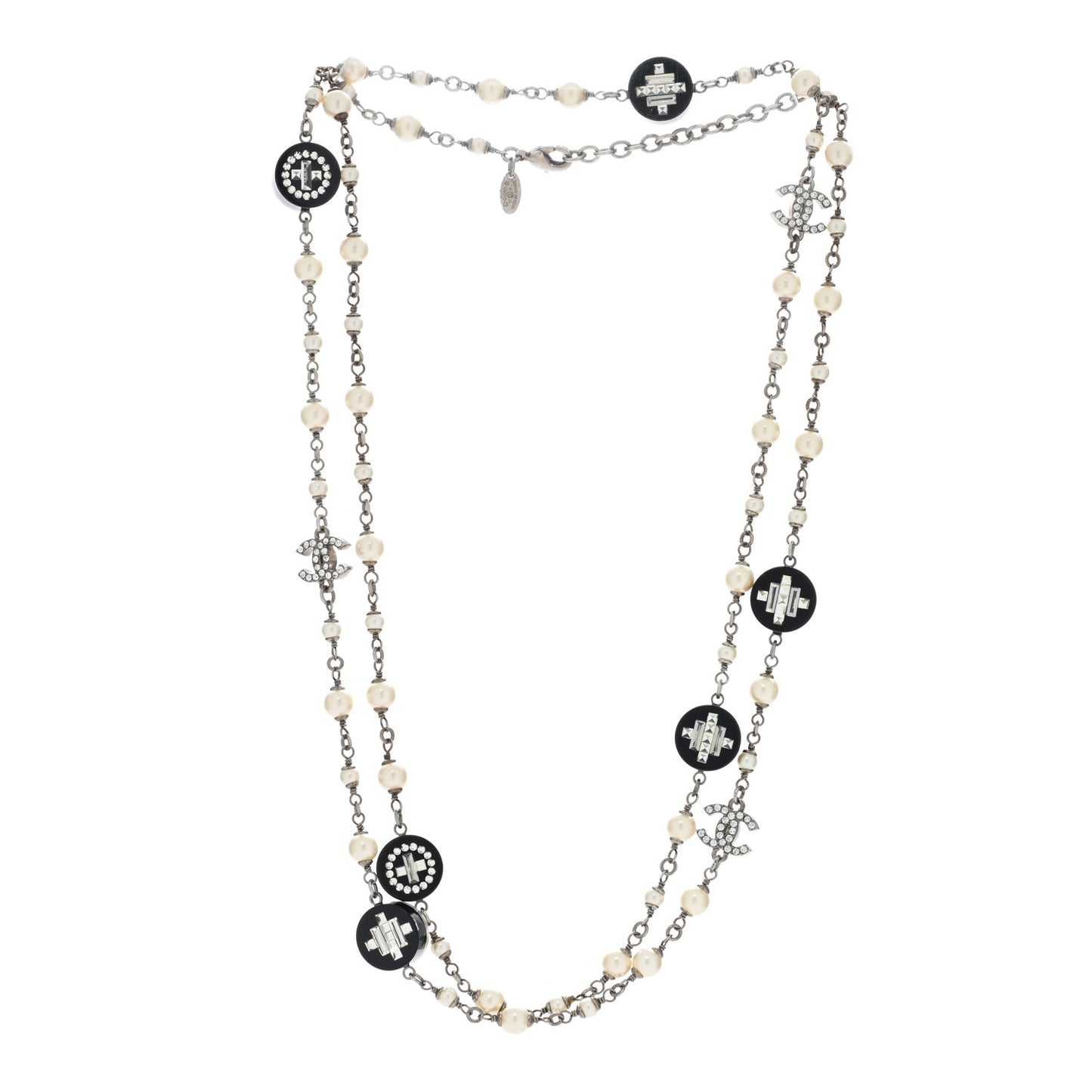 Resin Pearl Crystal CC Long Necklace Black Silver