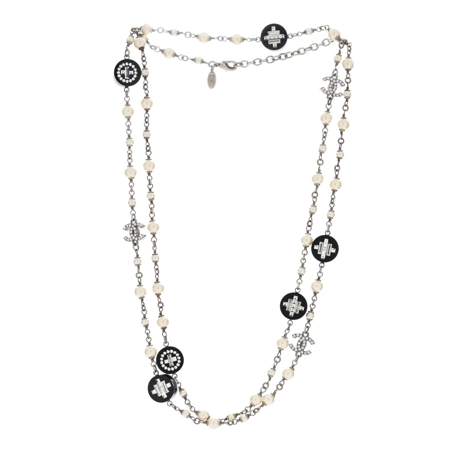 Chanel Resin Pearl Crystal CC Long Necklace Black Silver 2 of 4