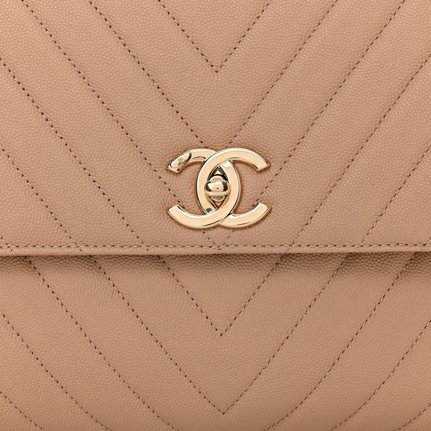Caviar Chevron Quilted Medium Coco Handle Flap Beige