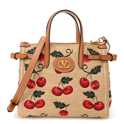 Valentino Garavani Jacquard Raffia Cherrfic Small Vlogo Antibes Shopping Bag Natural Red 1 of 9
