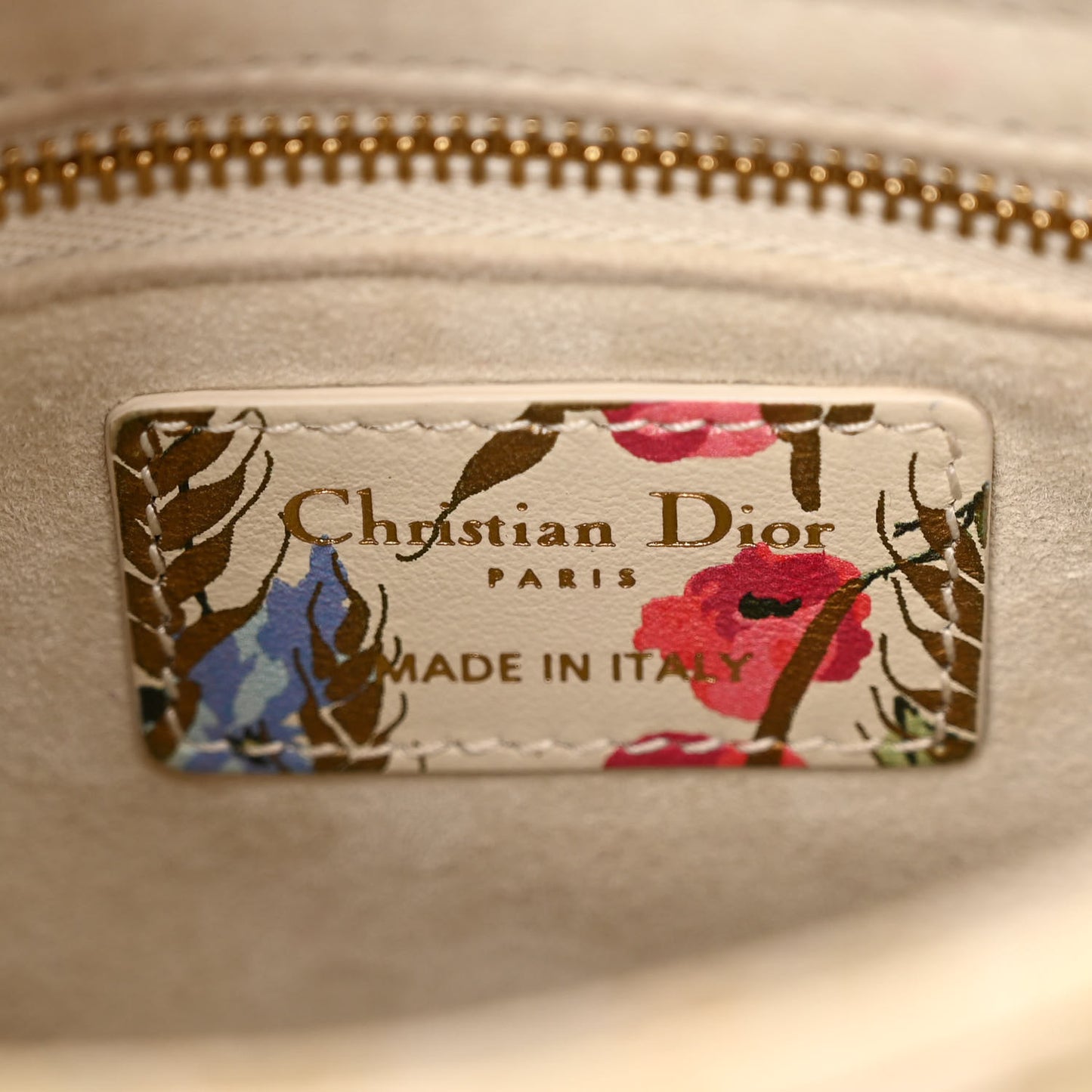 Calfskin Hibiscus Printed Embroidered Mini Lady Dior Beige Multicolor