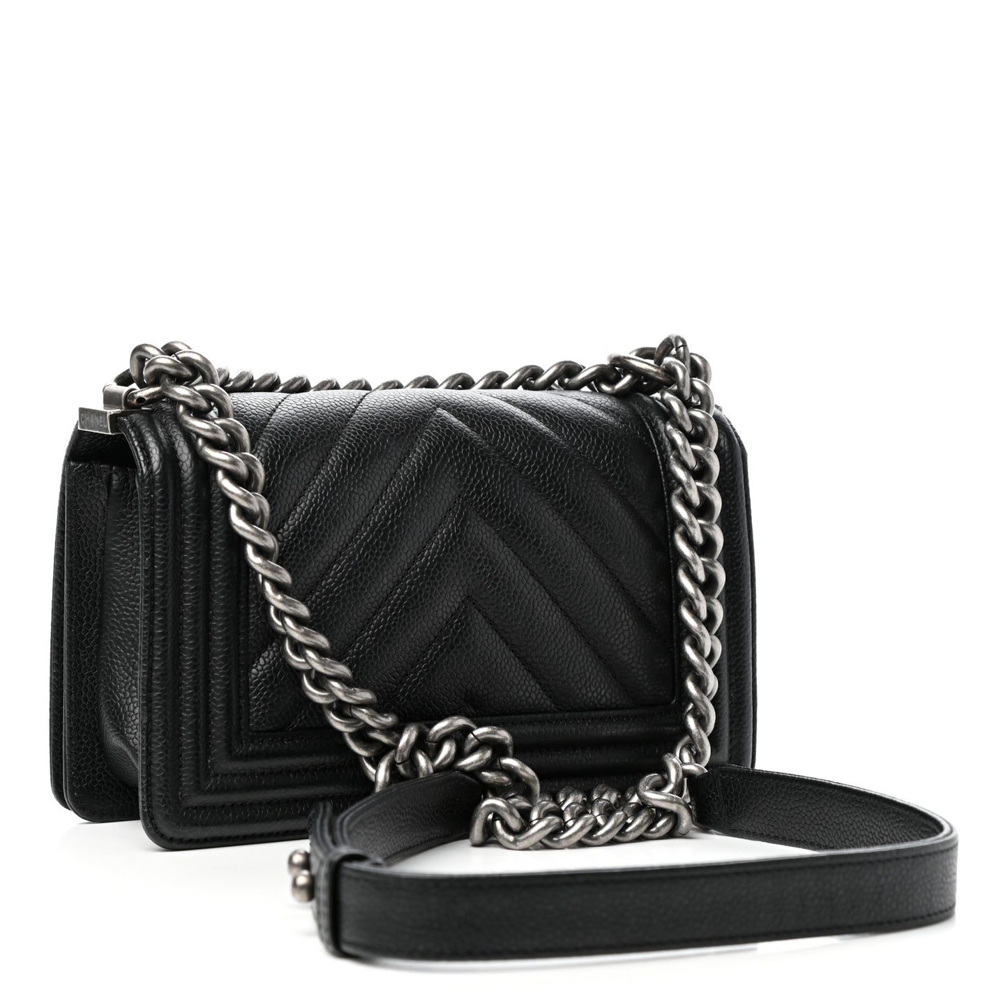 Caviar Chevron Quilted Small Boy Flap Black