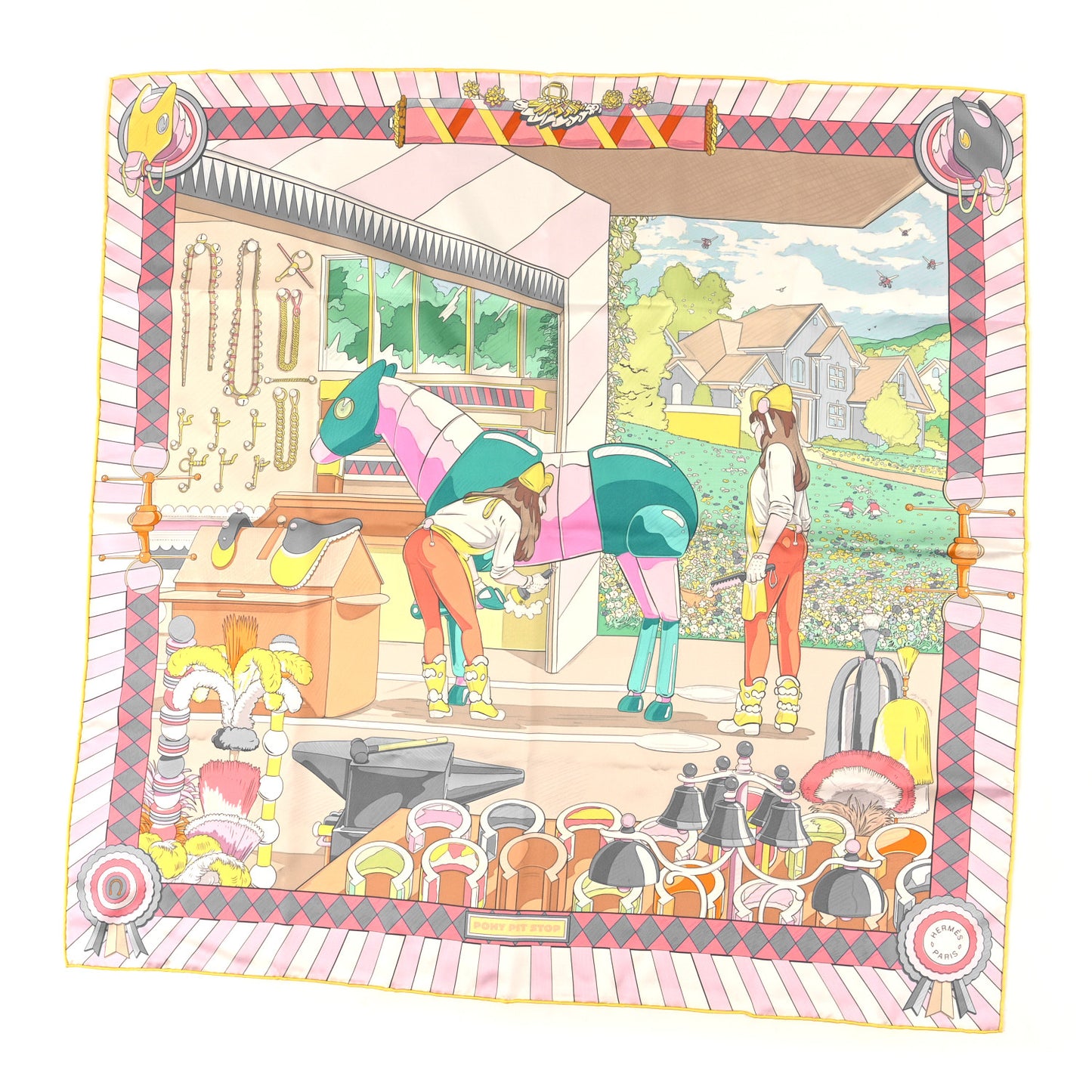 Silk Pony Pit Stop Double Face Scarf 90 Rose Jaune Multicolor