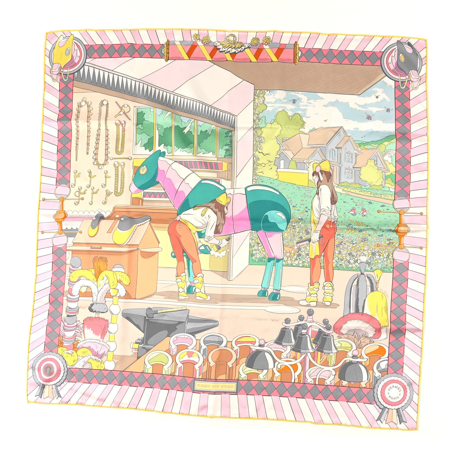 Hermes Silk Pony Pit Stop Double Face Scarf 90 Rose Jaune Multicolor 1 of 4