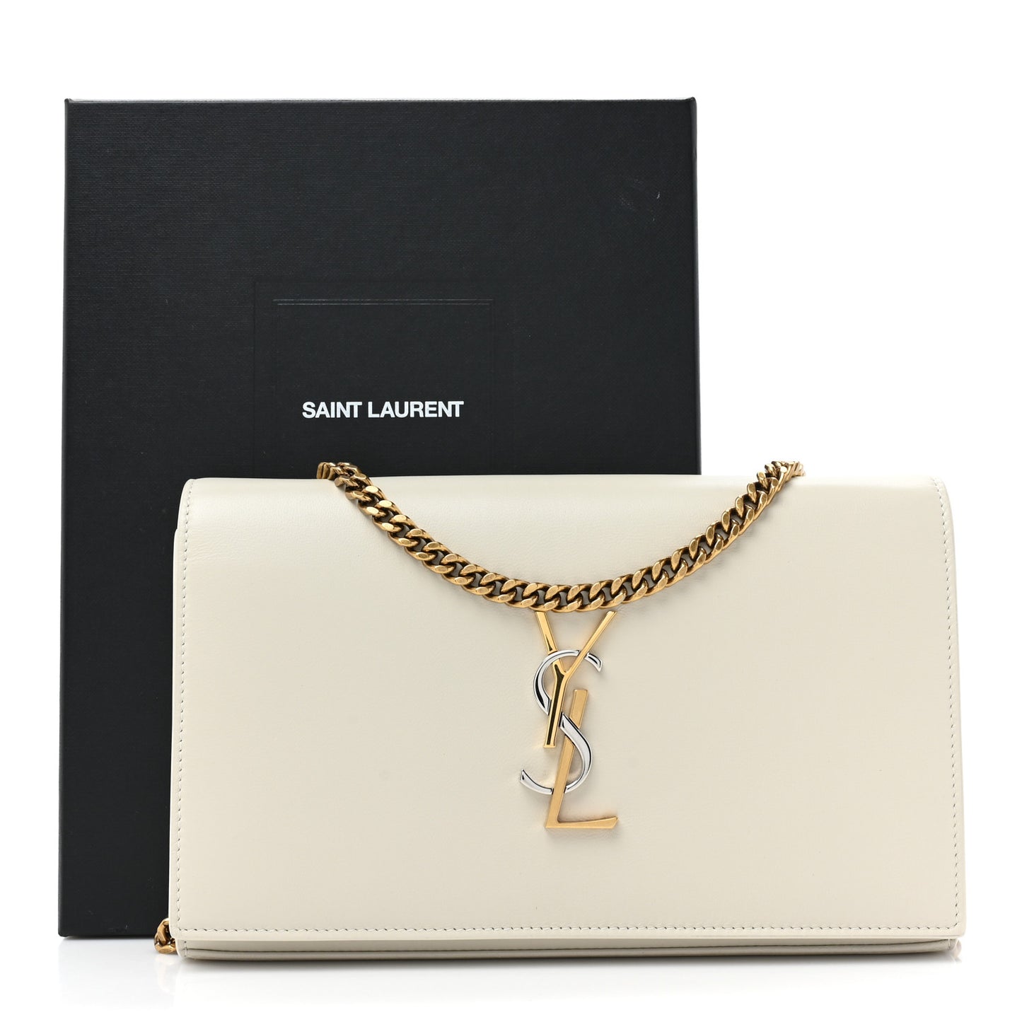 SAINT LAURENT Smooth Calfskin Tri-Metal Cassandre Wallet On Chain WOC Crema Soft